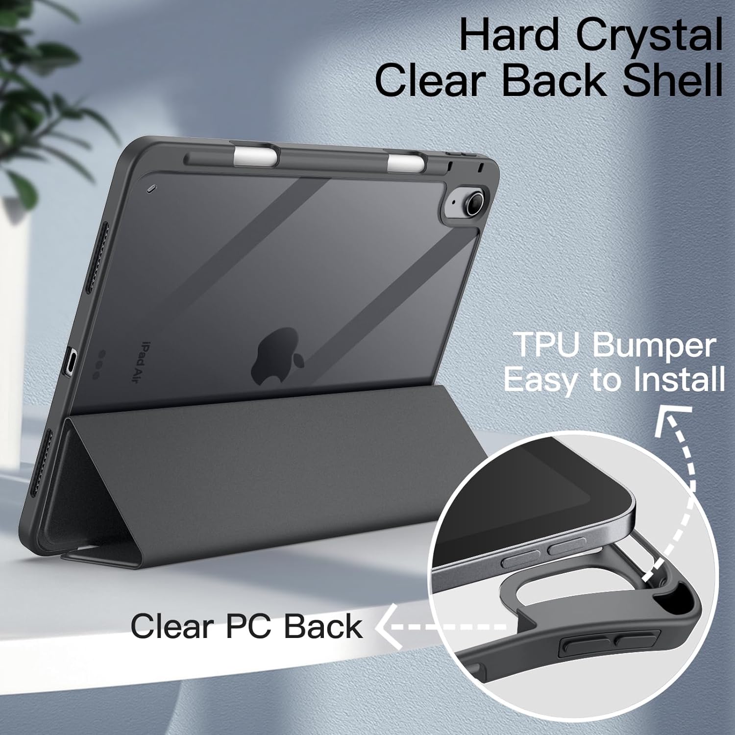 JETech Case for iPad Air 5/4 (2022/2020 5th/4th Generation 10.9-Inch) with Pencil Holder, Clear Transparent Back Shell Slim Stand Shockproof Tablet Cover, Auto Wake/Sleep (Black)