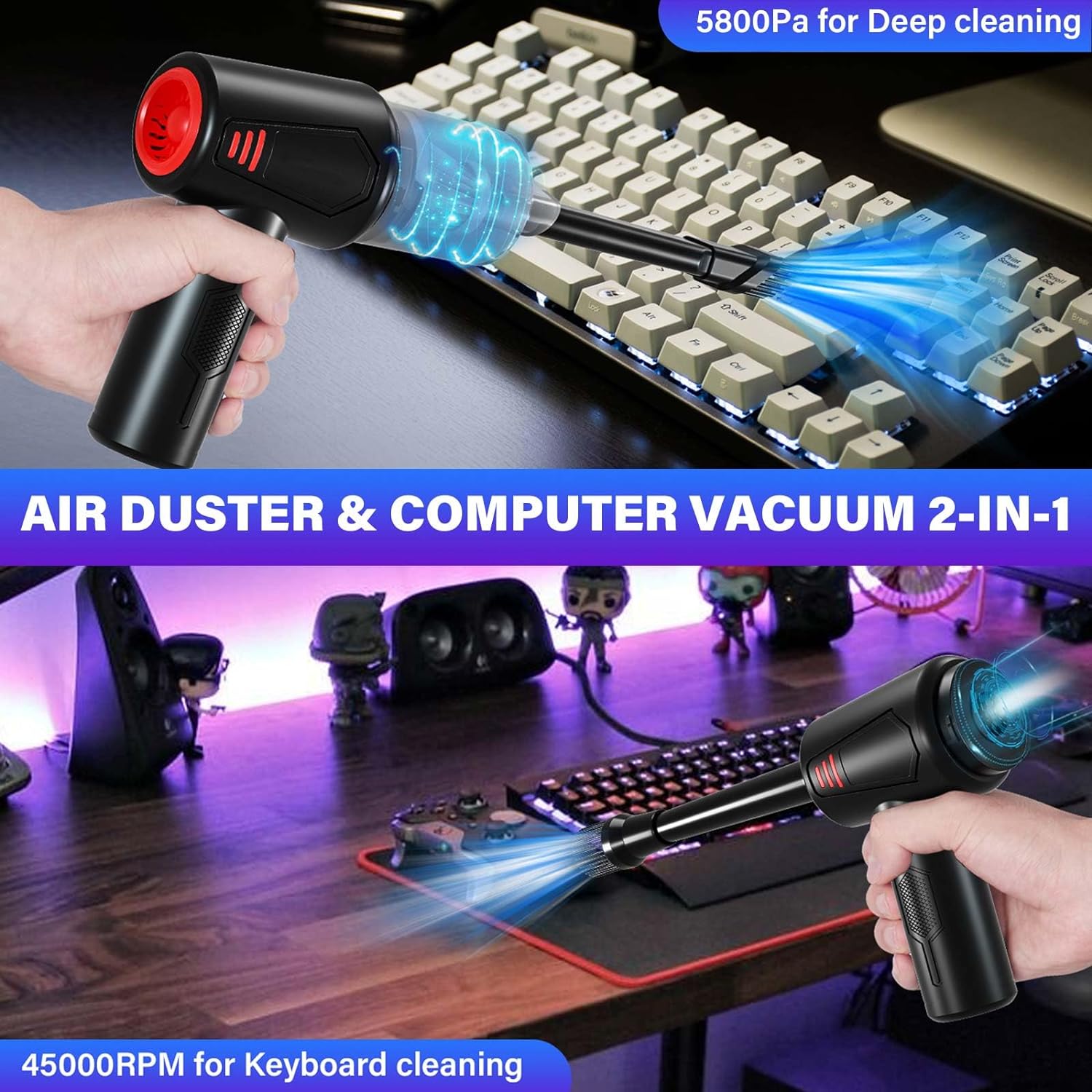 Meudeen Electric Rechargeable Air Duster for Computer Cleaning- Compressed Air Duster- Mini Vacuum- Keyboard Cleaner 3-in-1