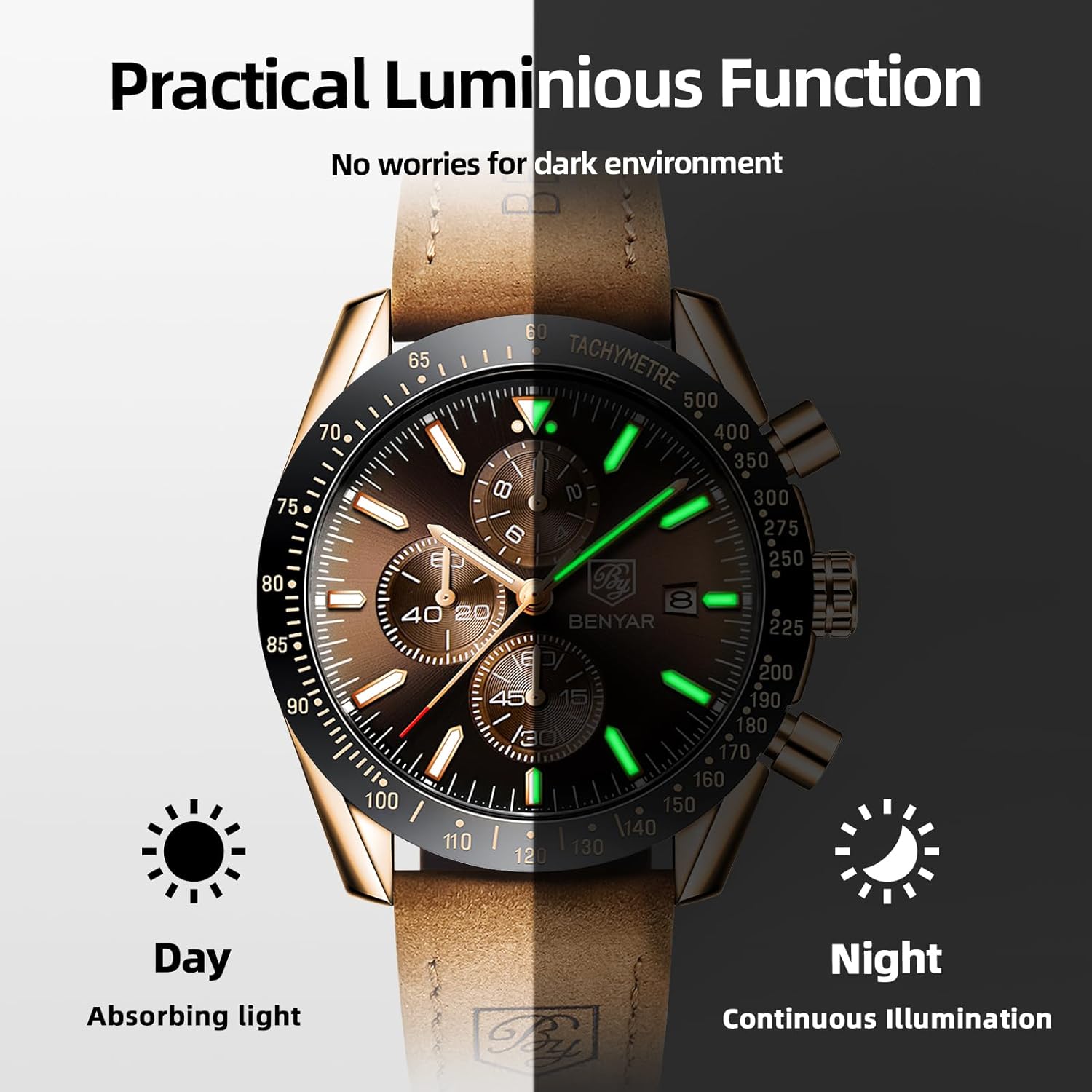 BENYAR Men's Business Watches Designer Fashion Stylish Good-Looking Luxury Men's Quartz Sports Watches Waterproof Tactical Military Casual Watches for Men Date Chronograph