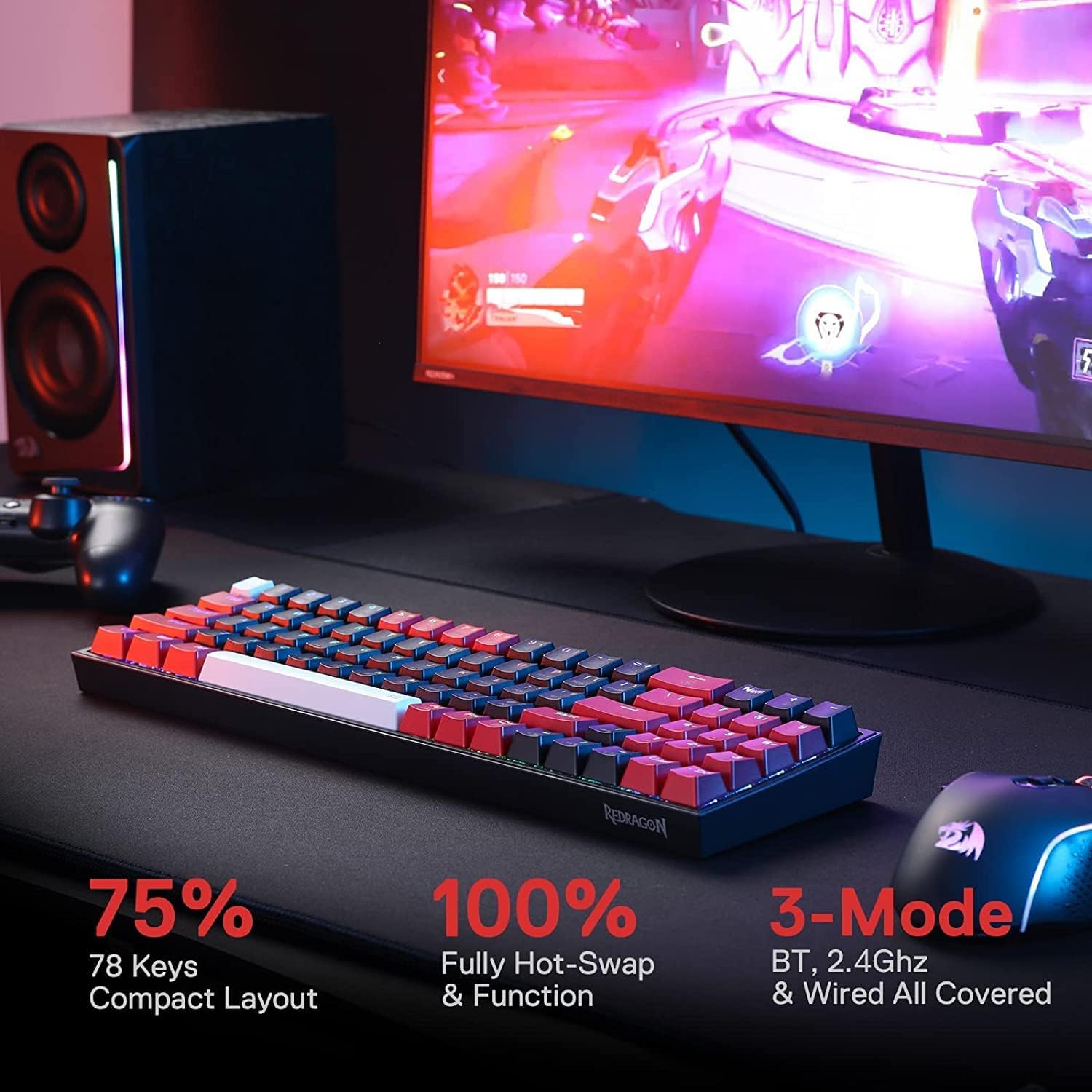 Redragon K617 Fizz 60% Wired RGB Gaming Keyboard, 61 Keys Compact Mechanical Keyboard w/White and Grey Color Keycaps, Linear Red Switch, Pro Driver/Software Supported