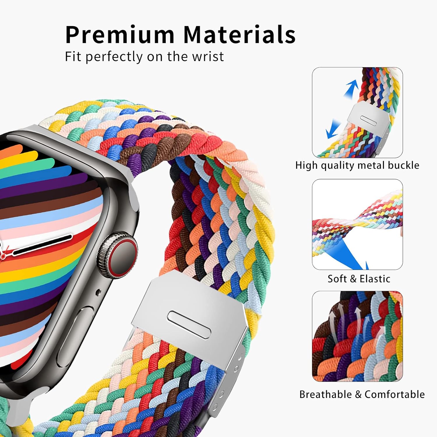 Compatible with Apple Watch Strap Band 49mm 45mm 44mm 42mm Braided Solo Loop Band Replacement Bands Adjustable Stretchable Elastics Sport Wristband for iWatch ultra2 ultra Series9/8/7/6/SE/5/4/3/2/1