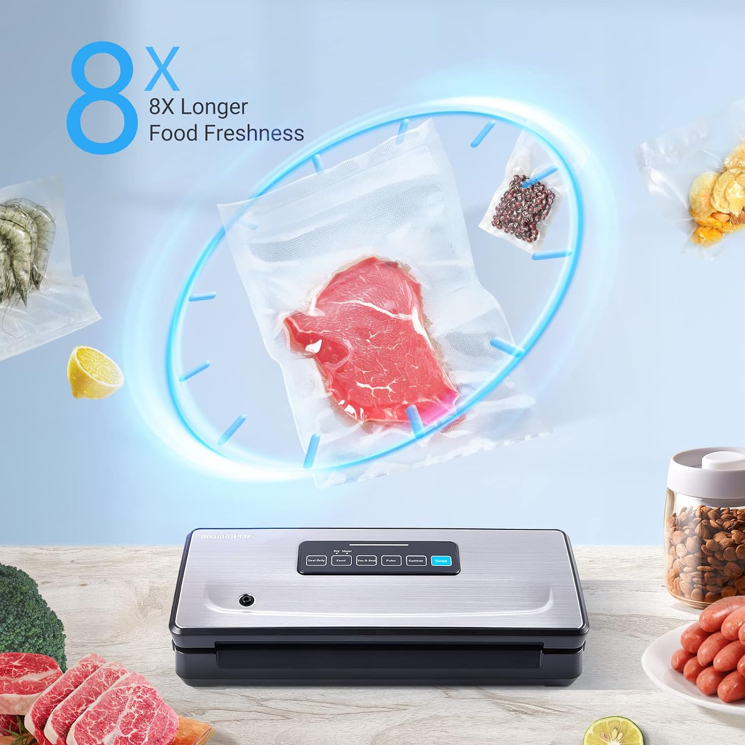 INKBIRD Vacuum Sealer Machine with Starter Kit Automatic PowerVac Air Sealing Machine for Food Preservation Dry & Moist Sealing Modes Built-in Cutter Easy Cleaning and Storage INK-VS01 Version