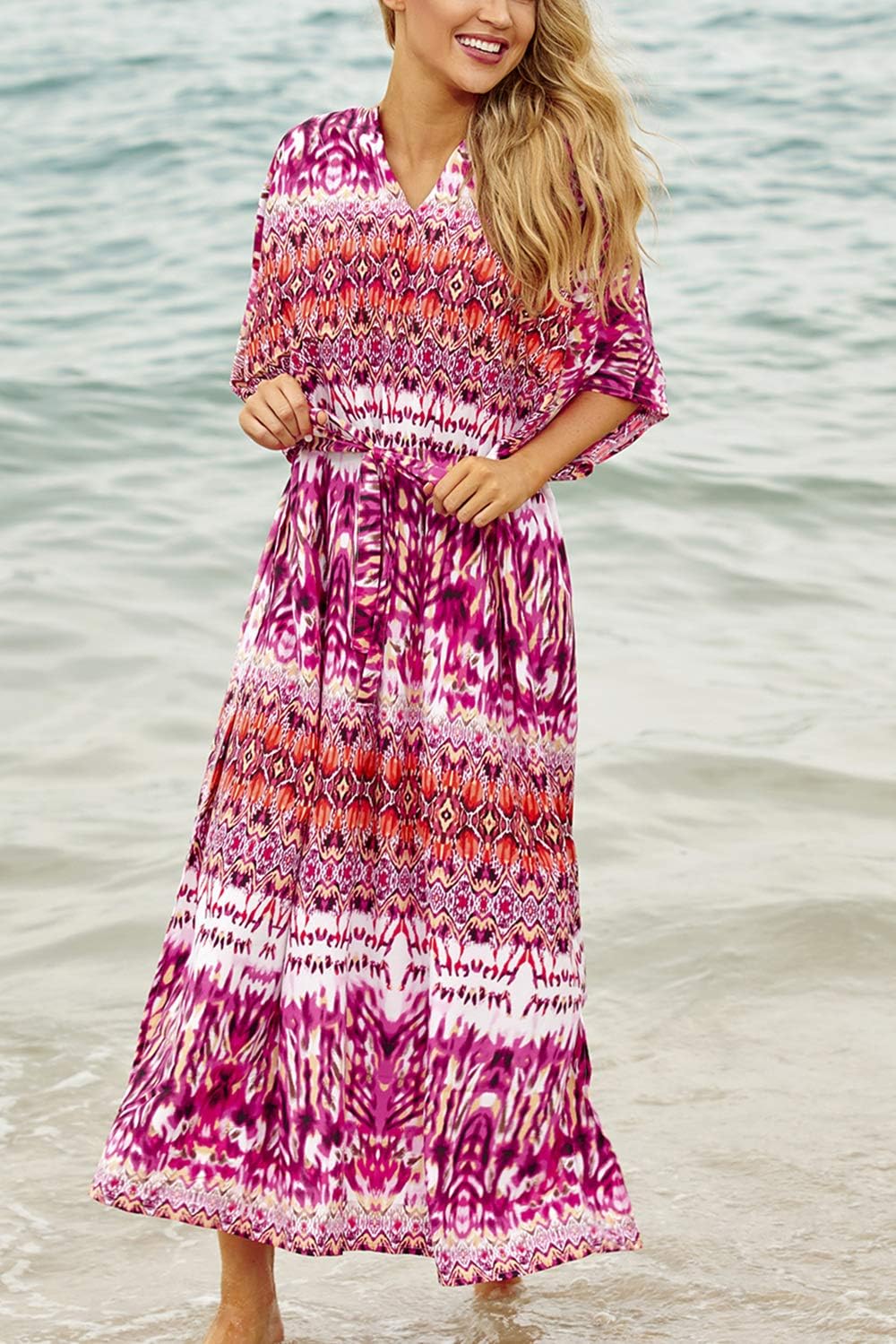 YouKD Summer Long Kaftan Bohemian Beach Kimono Swimsuit Cover Up Plus Size Dress for Women