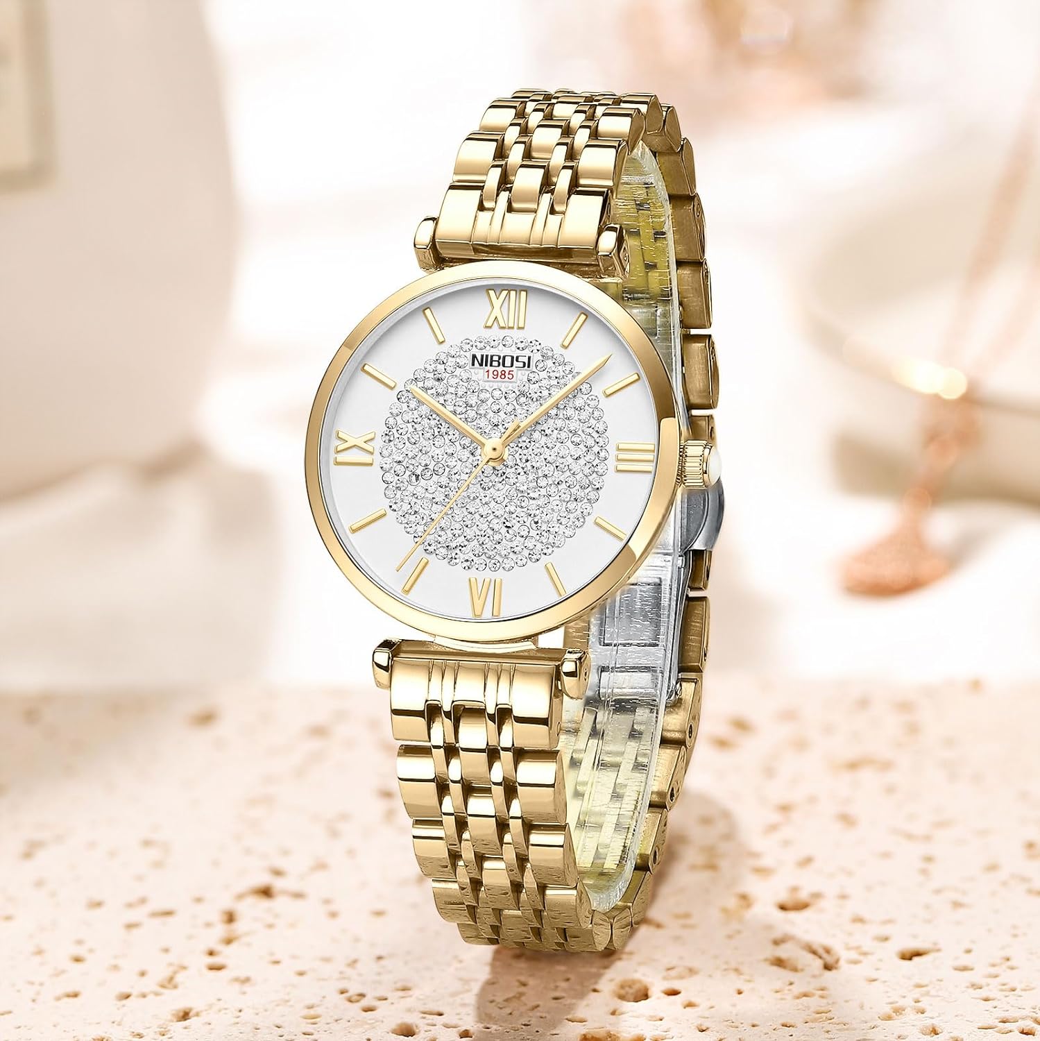 NIBOSI Women Watches Premium Analogue Business Wrist Watches for Women Rose Gold Dial Watch with Stylish Diamond Studded Watches