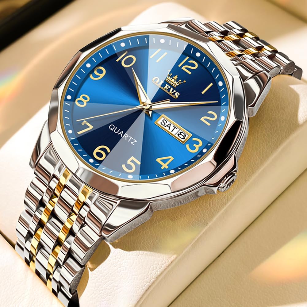 OLEVS Watch for Men Waterproof Blue Dial Mens Dress Watches Luxury Two Tone Stainless Steel Wrist Watch with Day Date, Fashion Classic Classic Sports Quartz Watch Big Face…