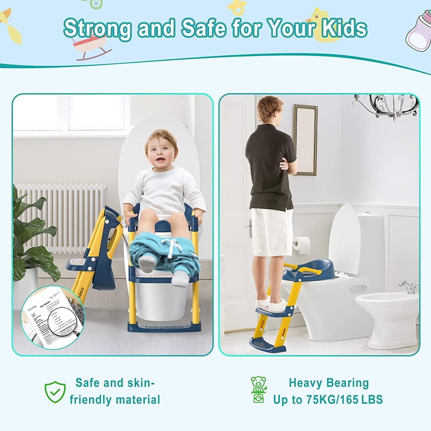 DMG Potty Training Seat, Kids Toilet Training Seat with Step Stool, Foldable Portable Potty Chair with Adjustable Height Ladder Guard Handle Soft Cushion White for Baby Toddler Boys Girls (Grey)