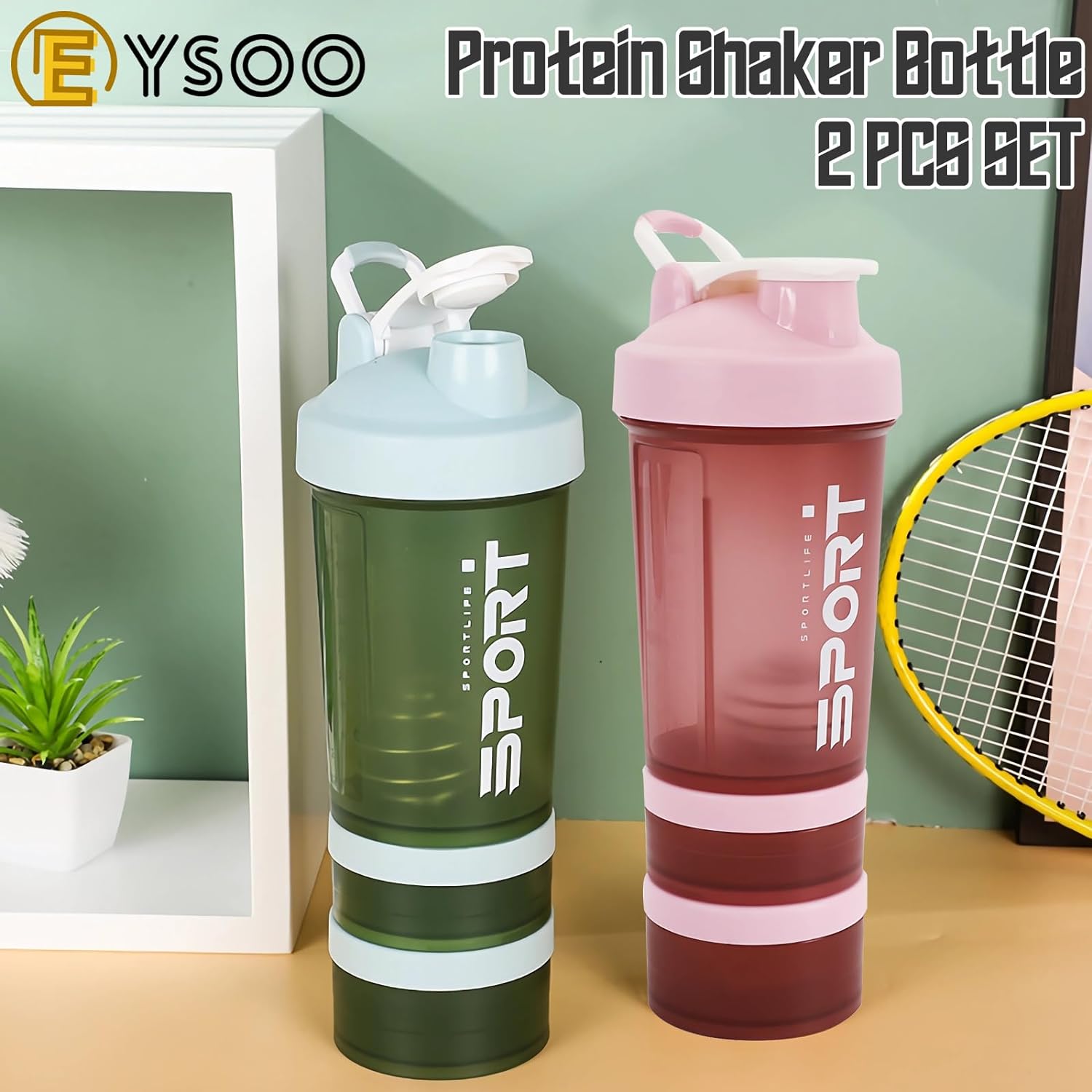 EYSOO Protein Shaker Bottle 2 Pack 500ml / 17oz Shaker Bottle for Protein Mixes Leak-proof BPA Free 3-Layer Protein Shaker with Supplement Pill Storage Container Gym Shaker Cup (Blue & Green)