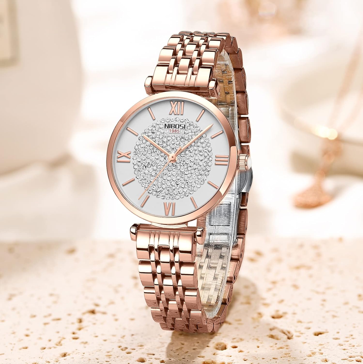 NIBOSI Women Watches Premium Analogue Business Wrist Watches for Women Rose Gold Dial Watch with Stylish Diamond Studded Watches