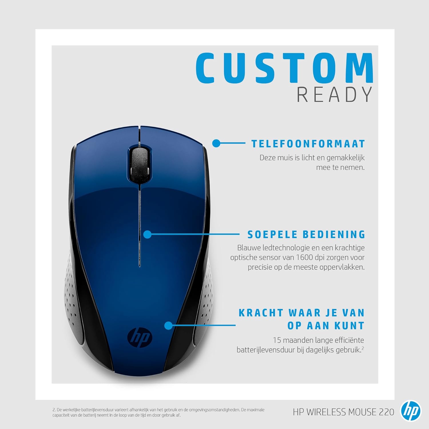 HP 220 Wireless Mouse, 2.4 GHz USB Dongle Connection, Blue LED technology, Up to 1600 DPI, 15-Month Battery, Up to 10M Connection, 2-Year Warranty, Multi Surface Tracking, Portable, Black - 3FV66AA