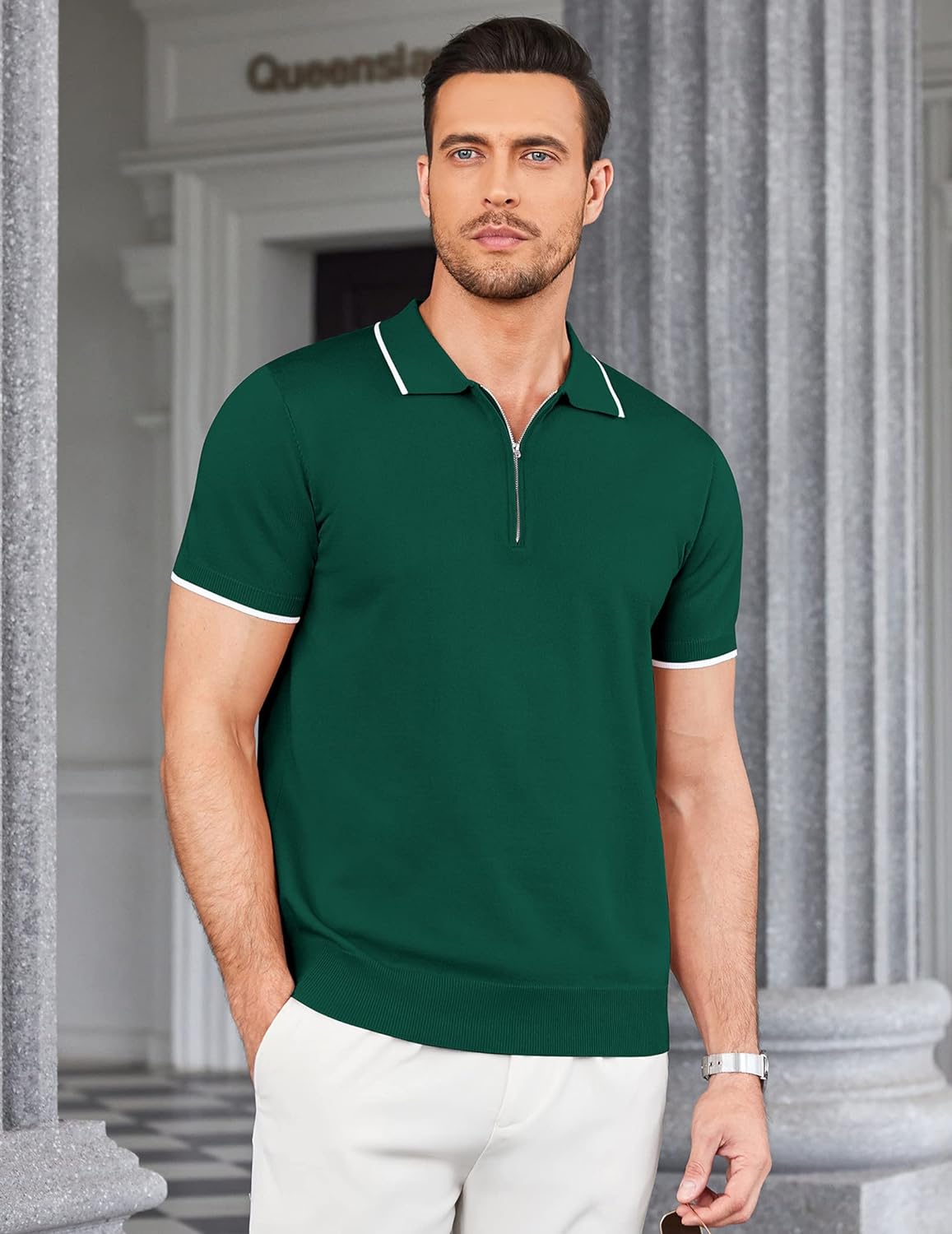 COOFANDY Men's Zipper Polo Shirt Casual Knit Short Sleeve Polo T Shirt Classic Fit Shirts