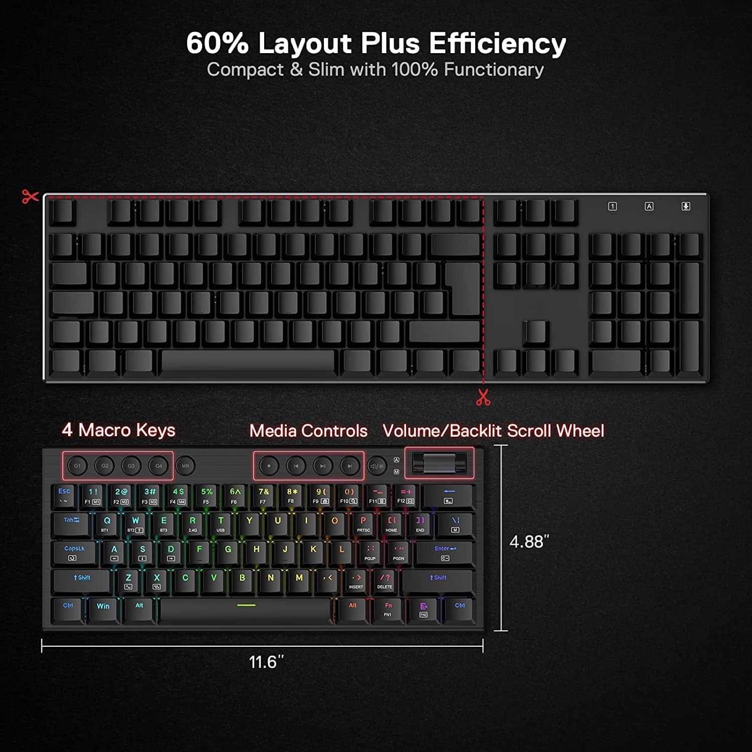 Redragon K617 Fizz 60% Wired RGB Gaming Keyboard, 61 Keys Compact Mechanical Keyboard w/White and Grey Color Keycaps, Linear Red Switch, Pro Driver/Software Supported