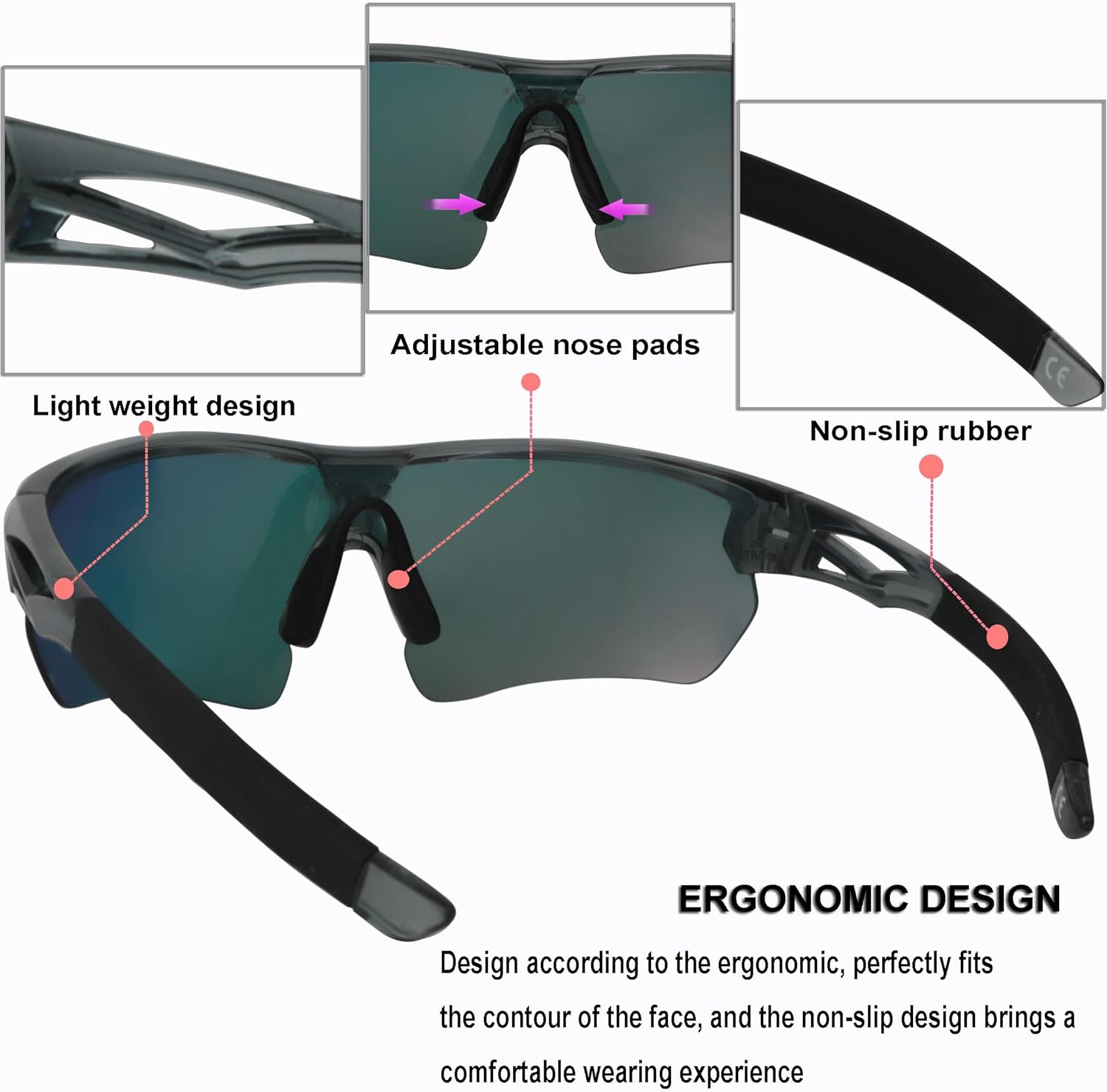 Polarized Sports Sunglasses UV400 with 5 Interchangeable Lenses,Mens Womens Baseball Driving Fishing Golf Running Cycling Glasses