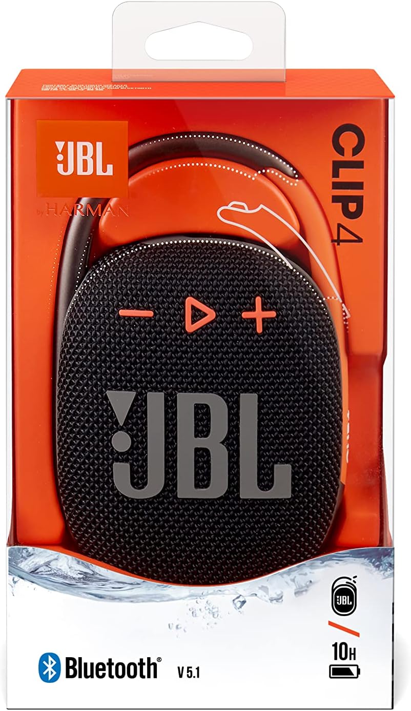 JBL Clip 4 Portable Bluetooth Speaker with Built-in Carabiner, Waterproof and Dustproof, 10-Hour Battery - Black