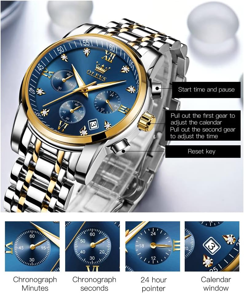 OLEVS Watch for Men Waterproof Blue Dial Mens Dress Watches Luxury Two Tone Stainless Steel Wrist Watch with Day Date, Fashion Classic Classic Sports Quartz Watch Big Face…