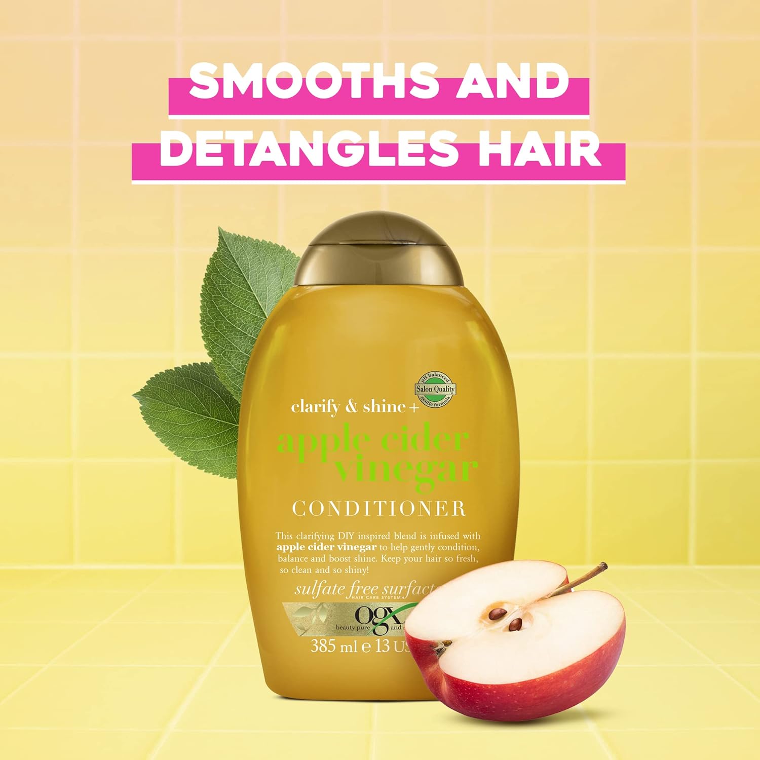 OGX Hair Shampoo, Apple Cider Vinegar, 385ml, For Healthy-Looking Hair, Gently Moisturizes Scalp And Cleanses Hair
