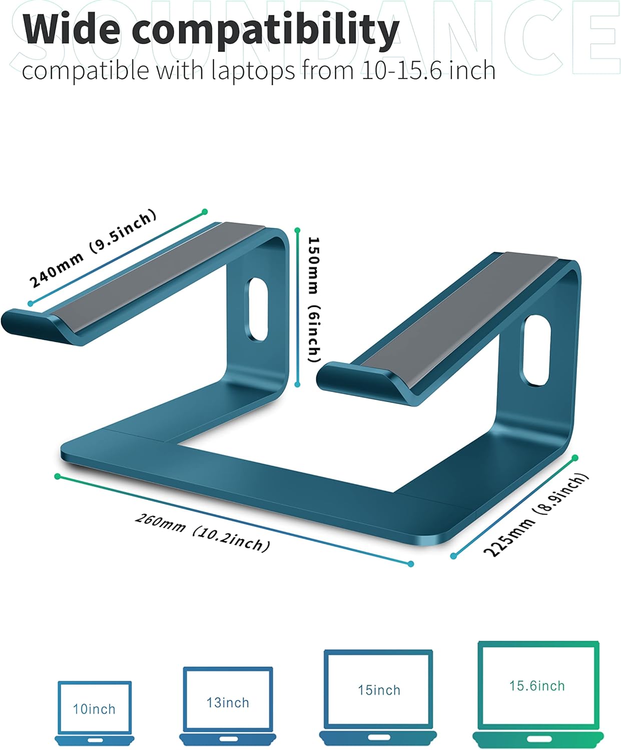 Soundance Laptop Stand, Aluminum Computer Riser, Ergonomic Laptops Elevator For Desk, Metal Holder Compatible With 10 To 15.6 Inches Notebook Computer, Black