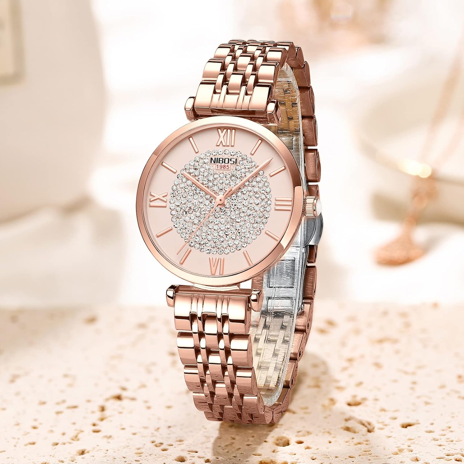 NIBOSI Women Watches Premium Analogue Business Wrist Watches for Women Rose Gold Dial Watch with Stylish Diamond Studded Watches