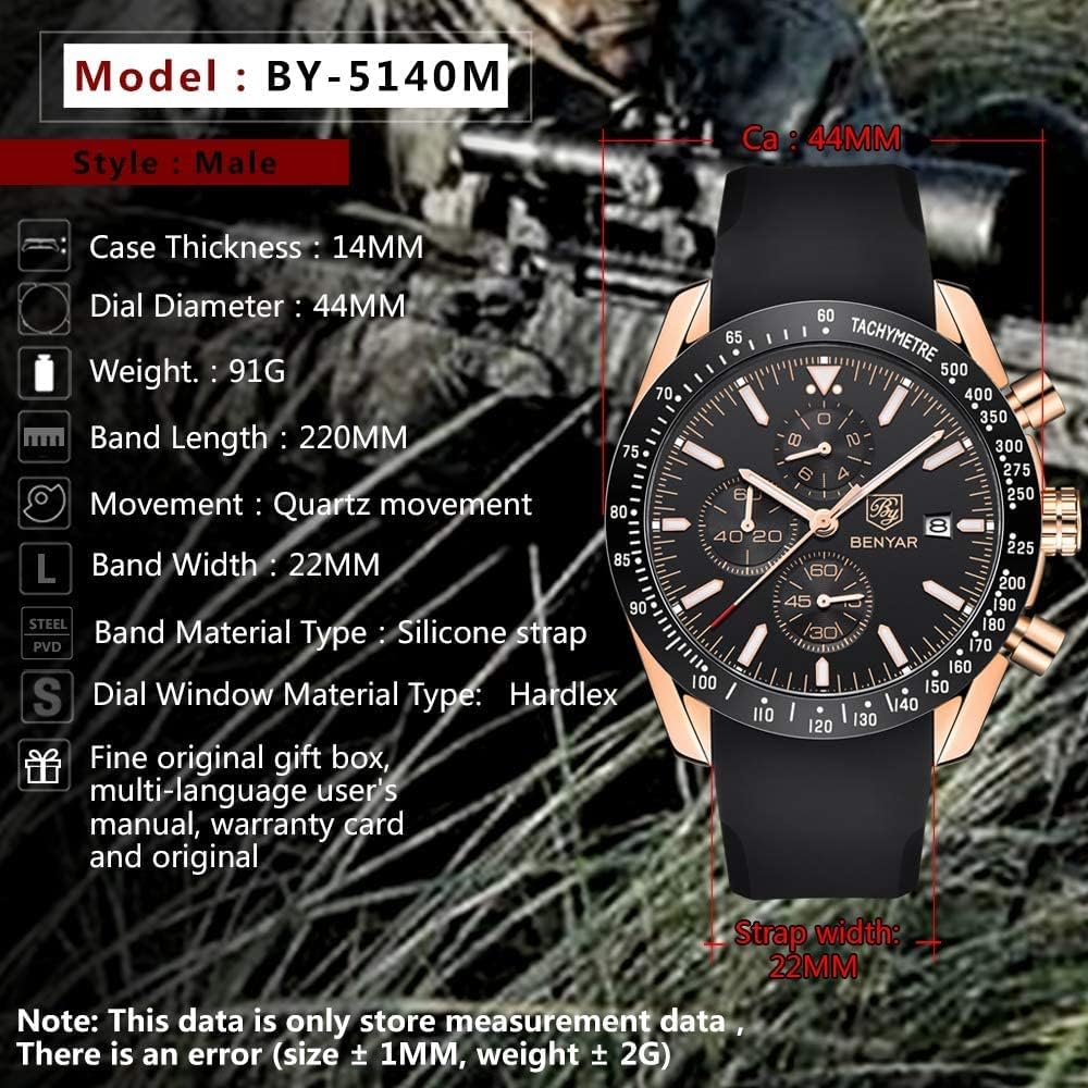 BENYAR Men's Business Watches Designer Fashion Stylish Good-Looking Luxury Men's Quartz Sports Watches Waterproof Tactical Military Casual Watches for Men Date Chronograph