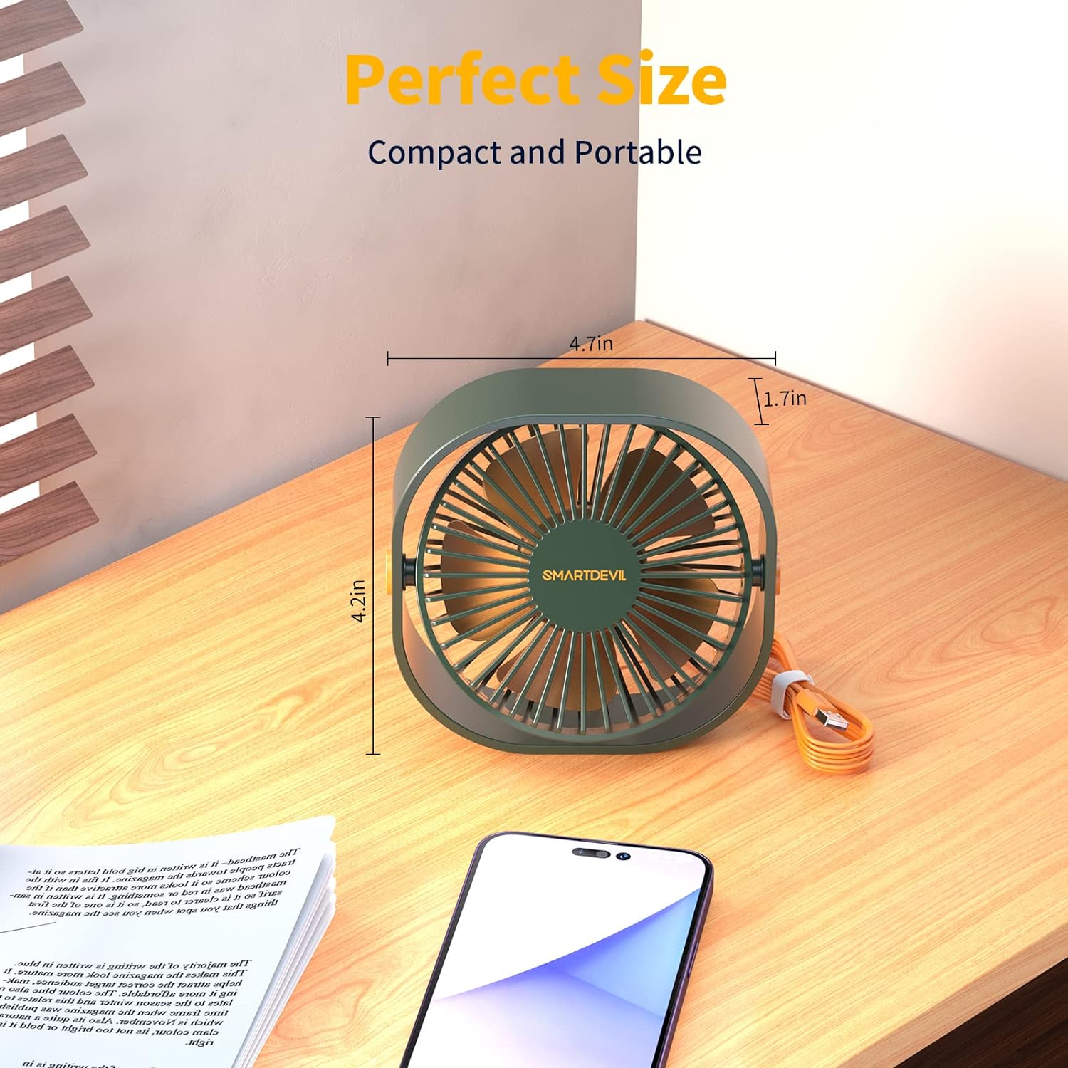 SmartDevil Small Personal USB Desk Fan,3 Speeds Portable Desktop Table Cooling Fan Powered by USB,Strong Wind,Quiet Operation,for Home Office Car Outdoor Travel（white）