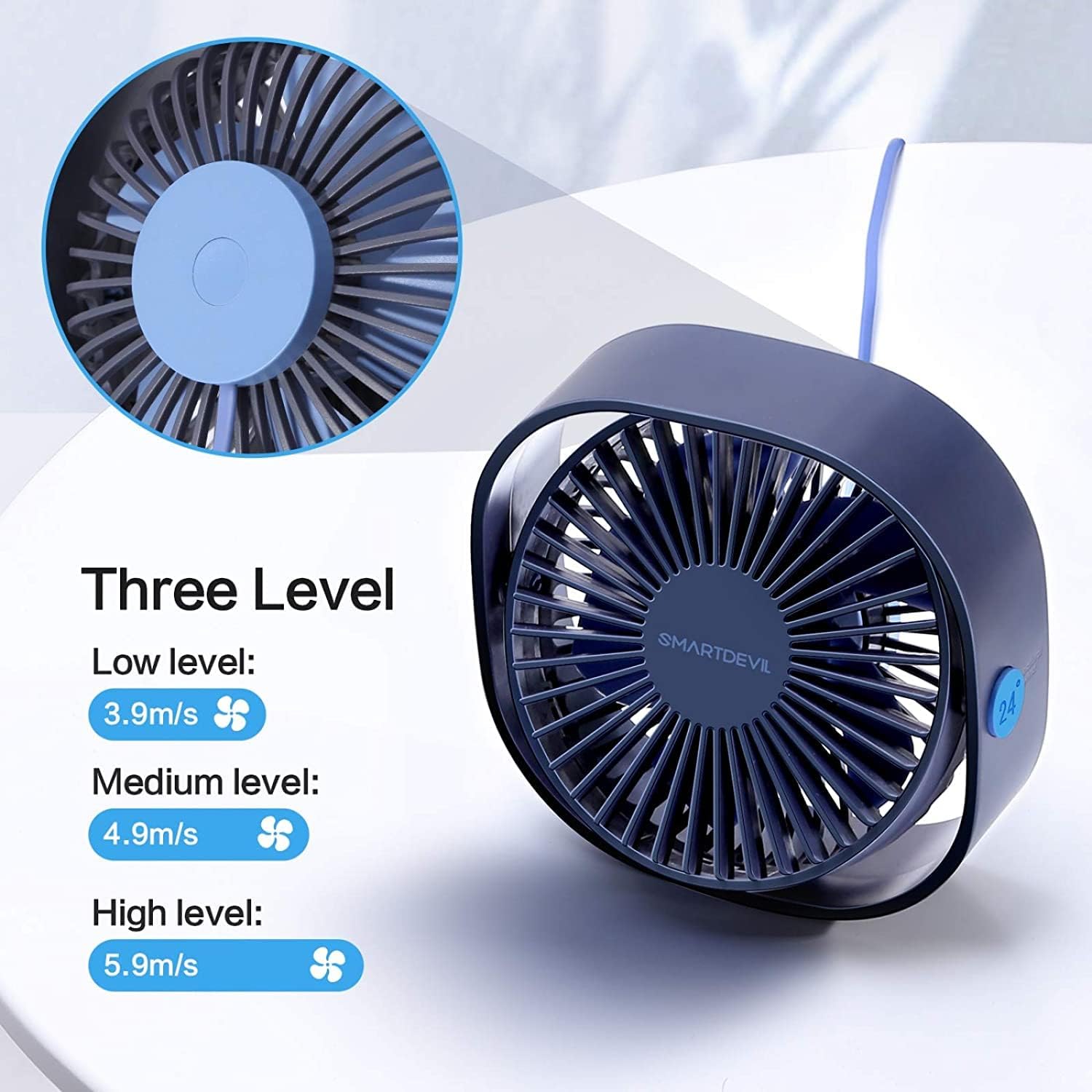 SmartDevil Small Personal USB Desk Fan,3 Speeds Portable Desktop Table Cooling Fan Powered by USB,Strong Wind,Quiet Operation,for Home Office Car Outdoor Travel（white）