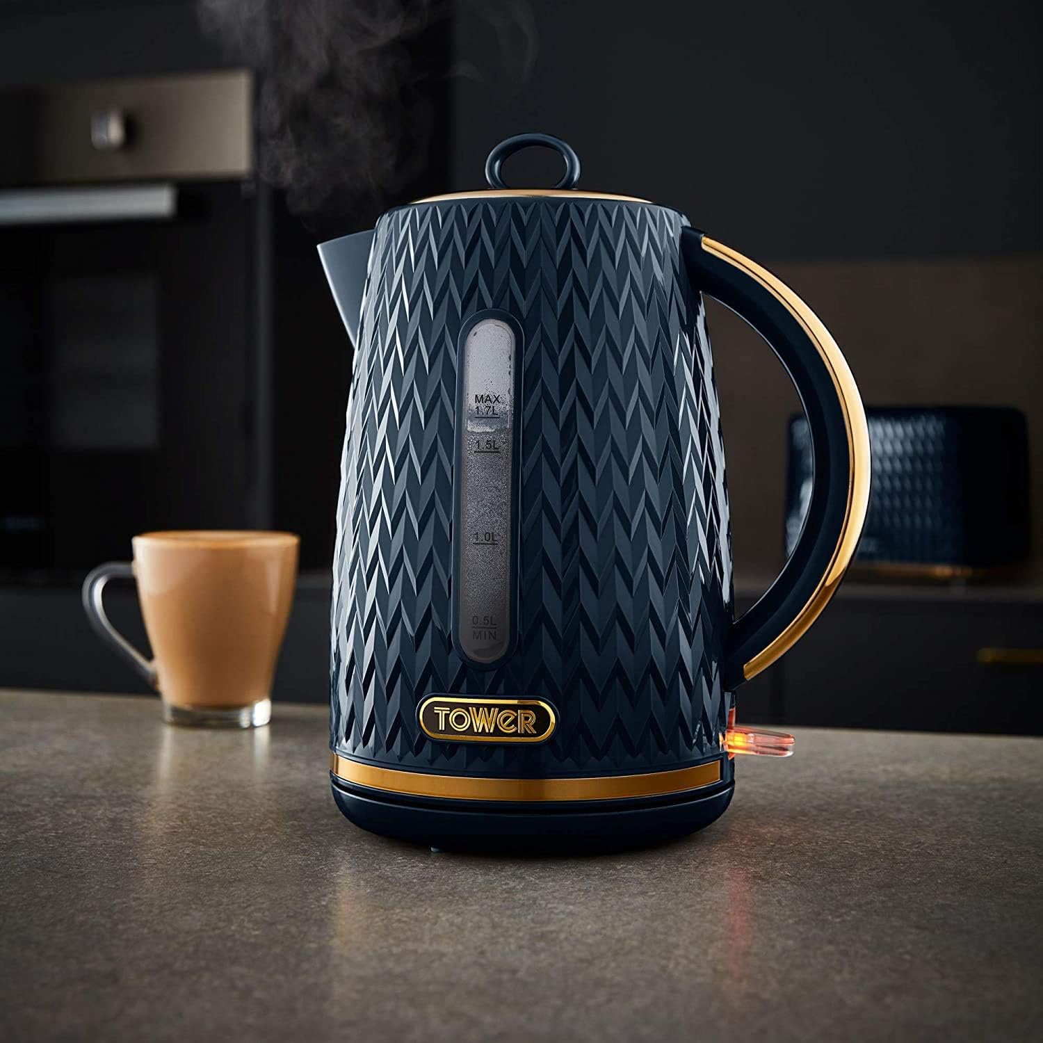 Tower T10052BLK Empire 1.7 Litre Kettle with Rapid Boil, Removable Filter, 3000W, Black with Brass Accents