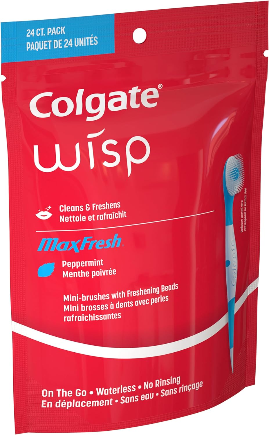 Colgate Max Fresh Wisp Disposable Mini Toothbrush for Adults, Peppermint Flavor, Built-in Tongue Scraper, 24 Count