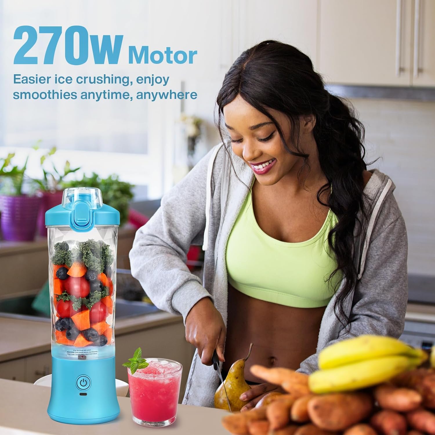 Portable Blender Cup,Electric USB Juicer Blender,Mini Blender Portable Blender For Shakes and Smoothies, Juice,380ml, Six Blades Great for Mixing,Light purple