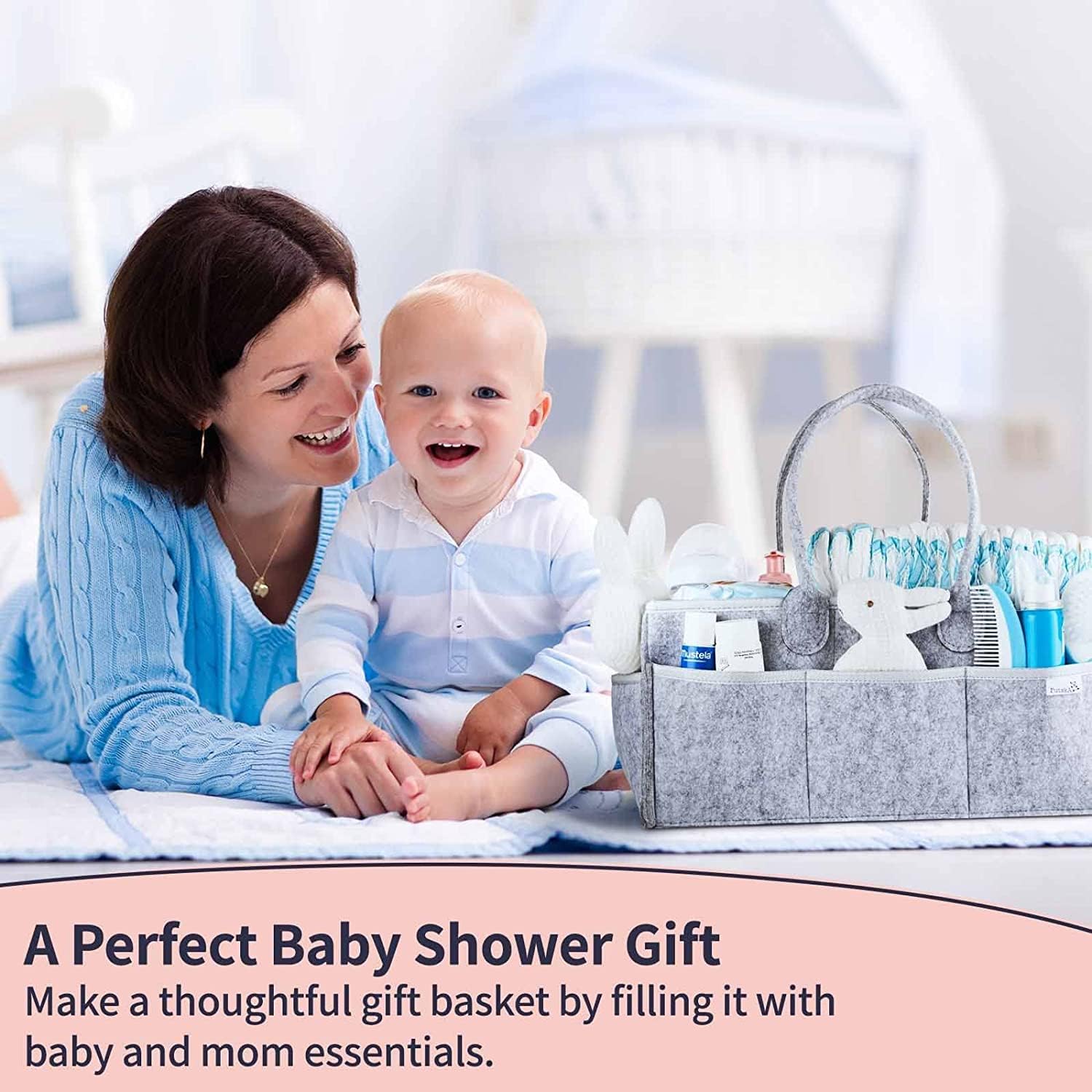PUTSKA Baby Nappy Caddy Organiser Set - Baby Shower Gifts, Newborn Essentials, New Baby Boy and Girl Gifts