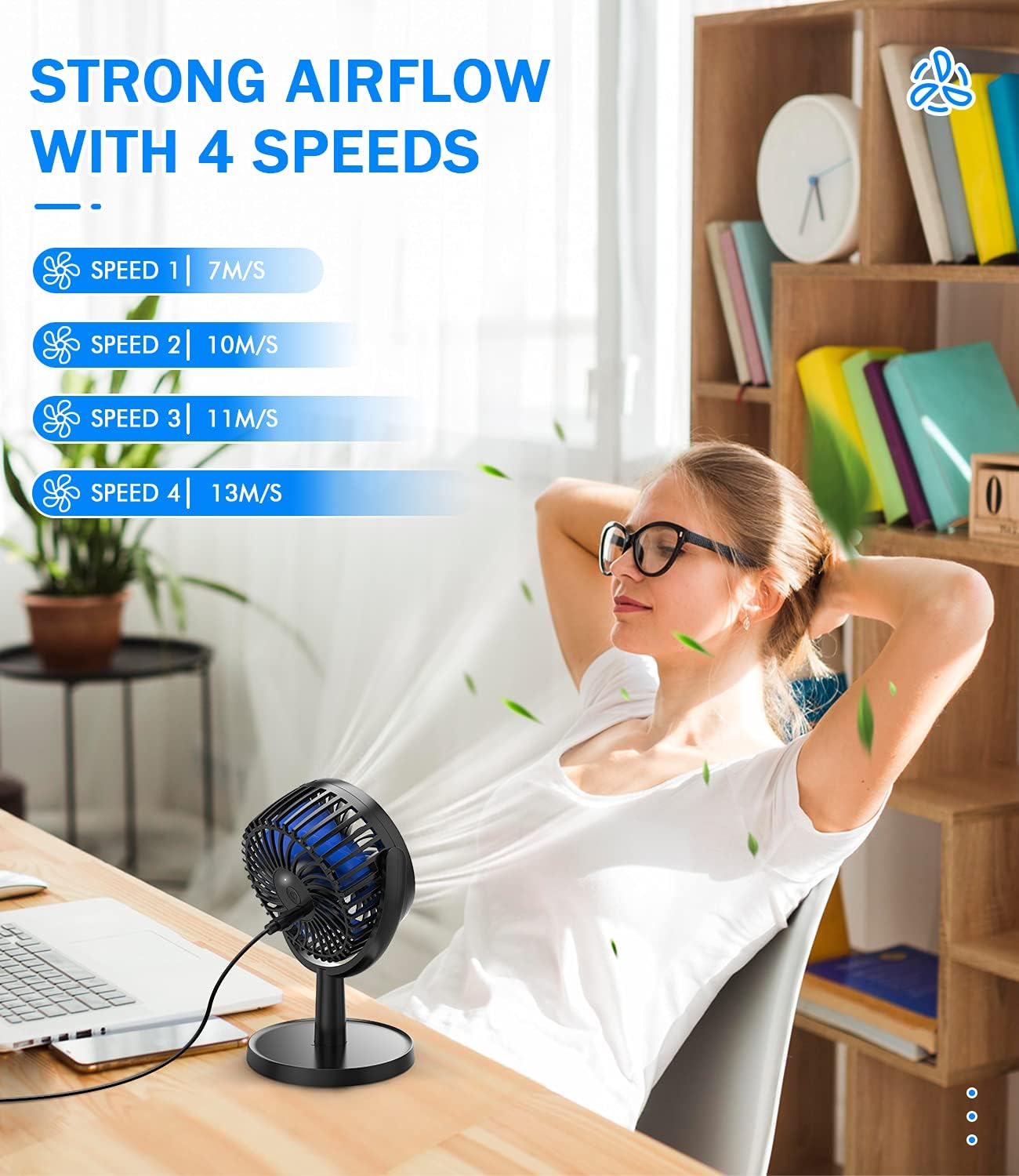 Mini Desk Fan, USB Powered Desktop Fan with 4 Speeds, Small but Powerful Strong Airflow Work Quiet, 310° Adjustment, Portable Personal Air Circulator Fan for Desktop Table Office Bedroom (Navy Blue)