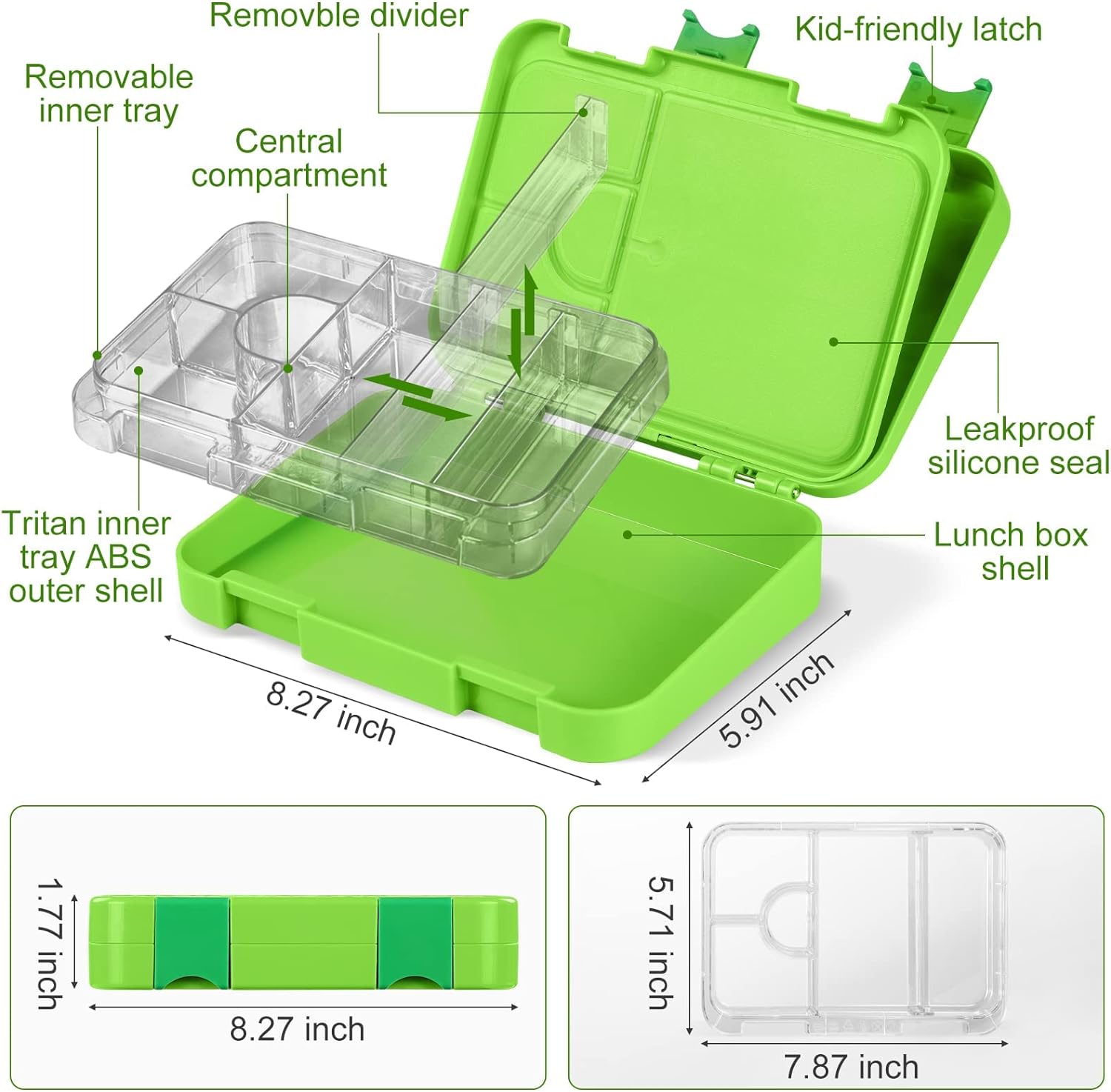 Bento Box, 6 Compartments Ideal Portion Size Leak-Proof, Toddler-Friendly Lunch Box, BPA-Free, Dishwasher safe, Lunch Box for kids Aged 3 to 7 Years (Sky Blue)