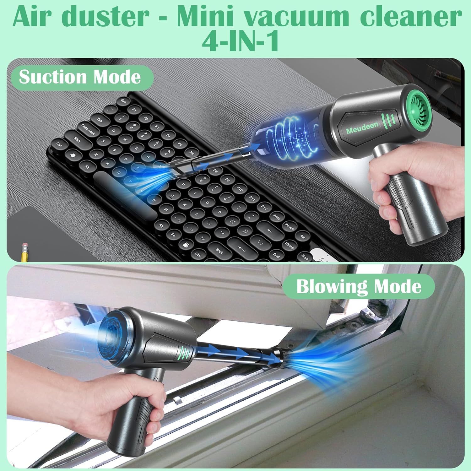 Meudeen Electric Rechargeable Air Duster for Computer Cleaning- Compressed Air Duster- Mini Vacuum- Keyboard Cleaner 3-in-1