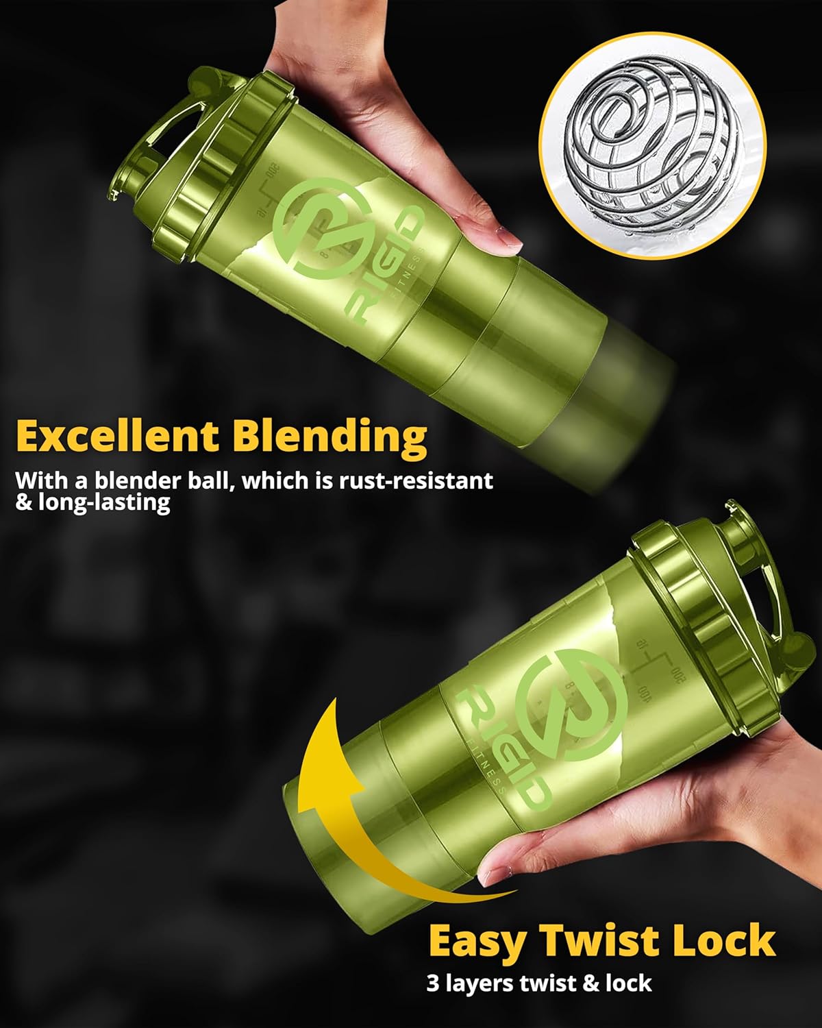 Protein Shaker Bottle (500ml) - Leak-Proof Blender Bottle with Powder and Pill Storage Compartment - BPA Free Shaker