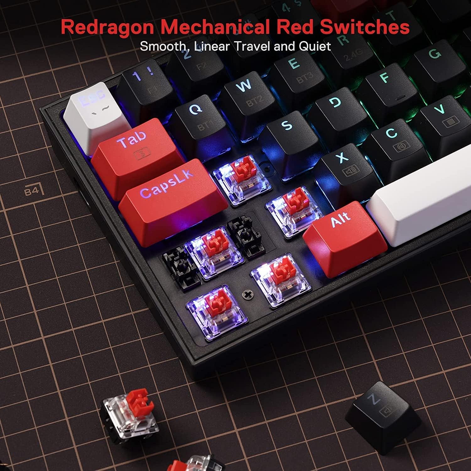 Redragon K617 Fizz 60% Wired RGB Gaming Keyboard, 61 Keys Compact Mechanical Keyboard w/White and Grey Color Keycaps, Linear Red Switch, Pro Driver/Software Supported