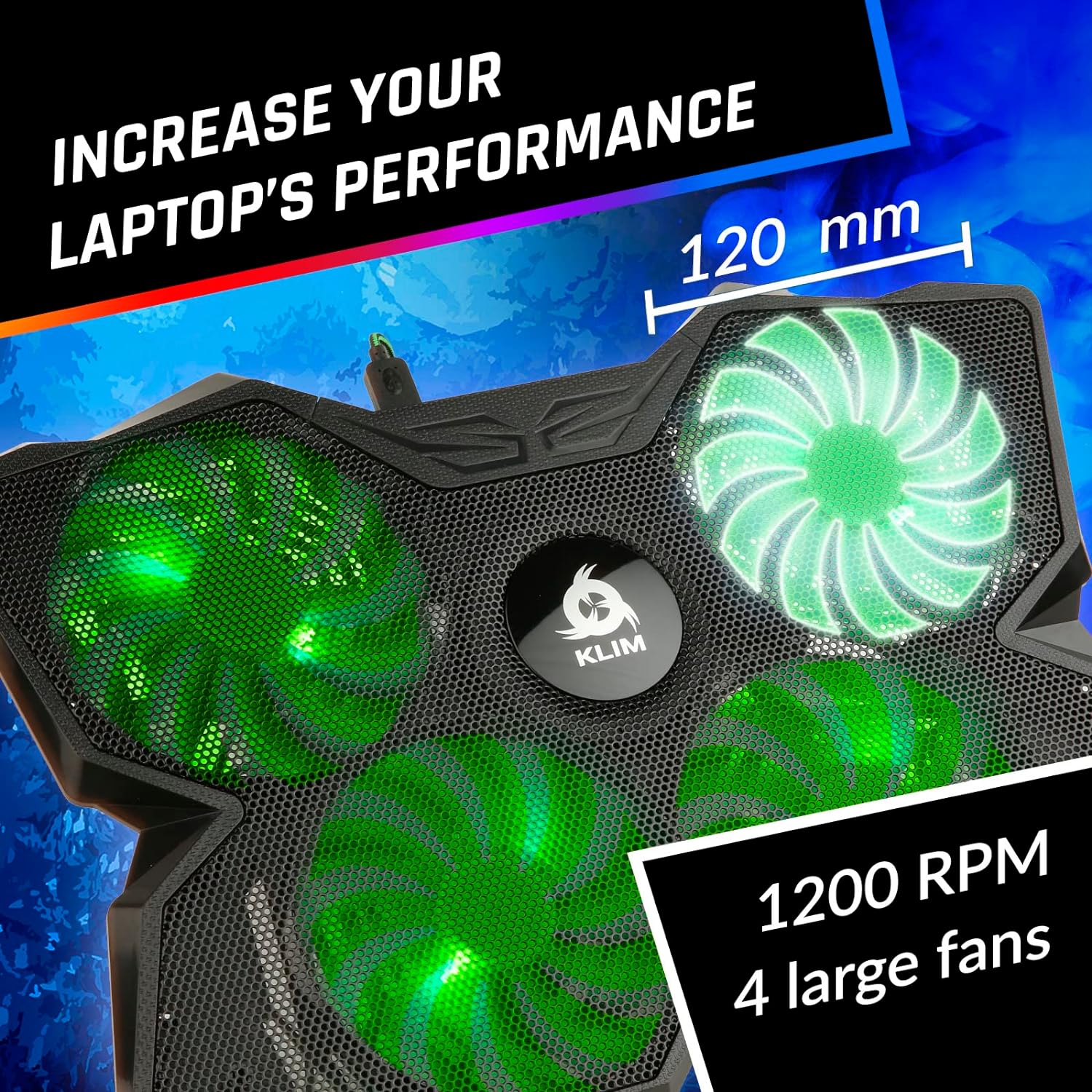 KLIM Wind Laptop Cooling Pad - More than 500 000 units sold - New Version 2024 - The Most Powerful Rapid Action Cooling Fan - Laptop Stand with 4 Cooling Fans at 1200 RPM - USB Fan - PS5 PS4 - Cyan