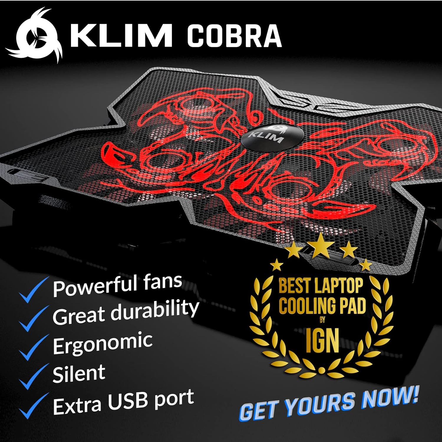 KLIM Wind Laptop Cooling Pad - More than 500 000 units sold - New Version 2024 - The Most Powerful Rapid Action Cooling Fan - Laptop Stand with 4 Cooling Fans at 1200 RPM - USB Fan - PS5 PS4 - Cyan