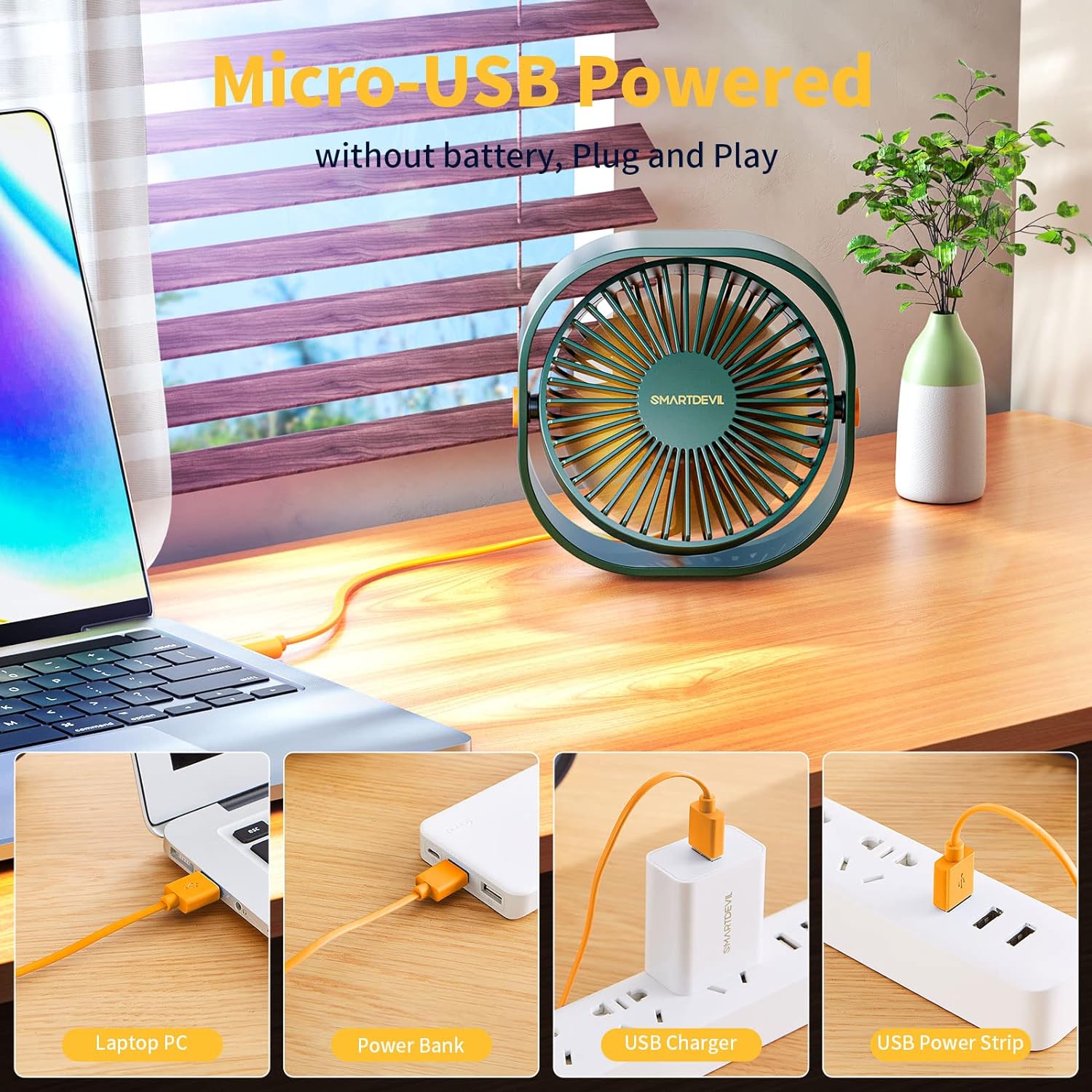 SmartDevil Small Personal USB Desk Fan,3 Speeds Portable Desktop Table Cooling Fan Powered by USB,Strong Wind,Quiet Operation,for Home Office Car Outdoor Travel（white）