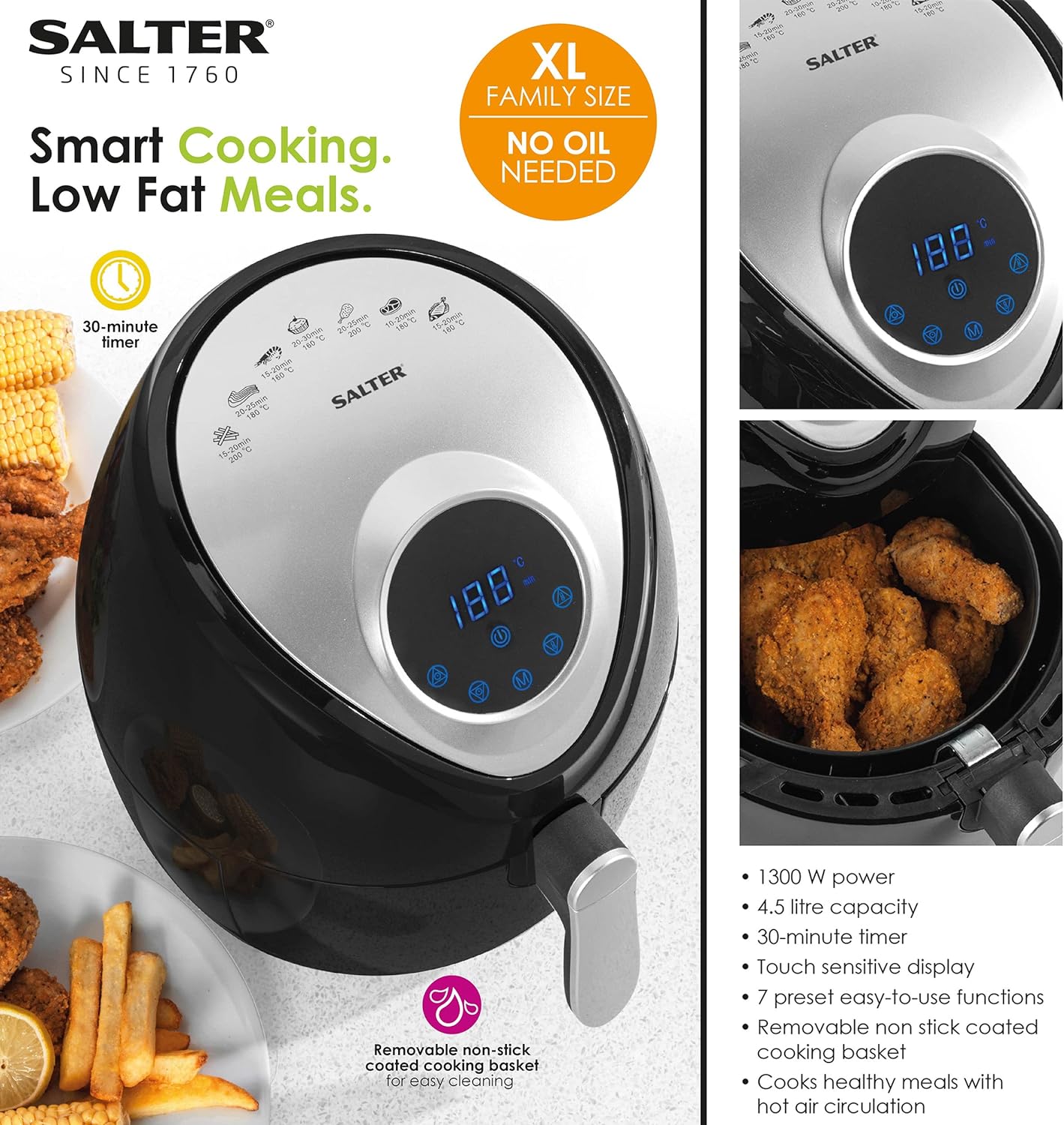 Salter EK2817 2L Compact Air Fryer - Hot Air Circulation, Removable Non-Stick Cooking Rack, Adjustable Temperature Up To 200°C, 30 Minute Timer, 1000W, Small Household Air Fry Oven, Black/Silver