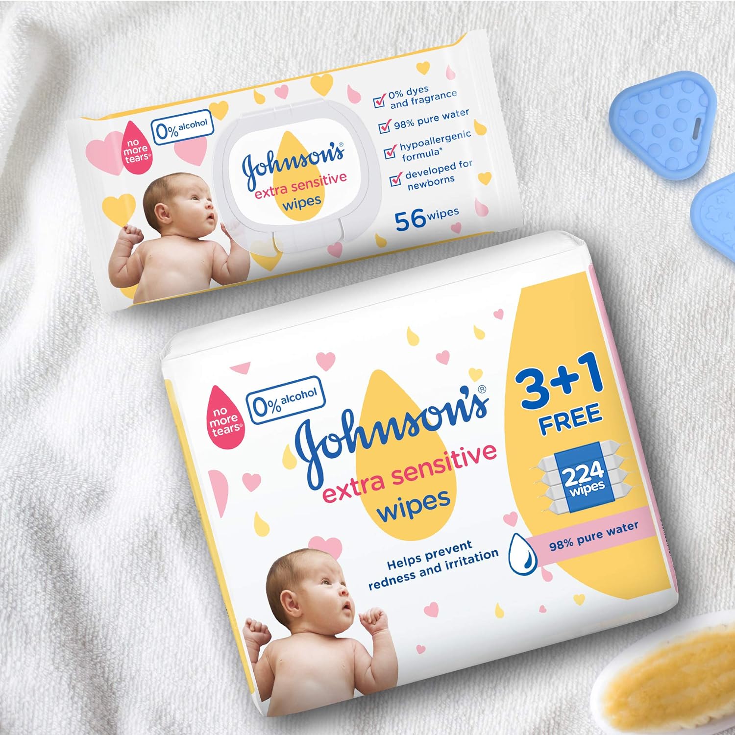 Johnson's Baby, Wipes, Extra Sensitive, 98% pure water, 3+1 packs of 56 wipes, 224 total count