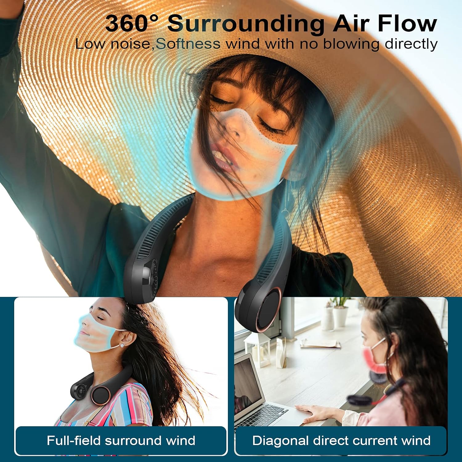 CIVPOWER Portable Neck Fan, Hands Free Bladeless Fan, Cooling Personal Fan,3 Speeds Adjustment,78 Air Outlet, Headphone Design, Rechargeable, USB Powered Neck Fan for Outdoor Indoor-Light Blue