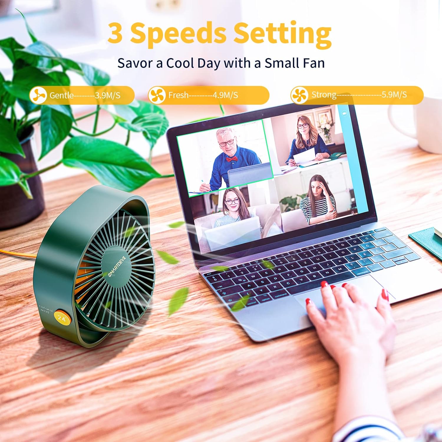 SmartDevil Small Personal USB Desk Fan,3 Speeds Portable Desktop Table Cooling Fan Powered by USB,Strong Wind,Quiet Operation,for Home Office Car Outdoor Travel（white）