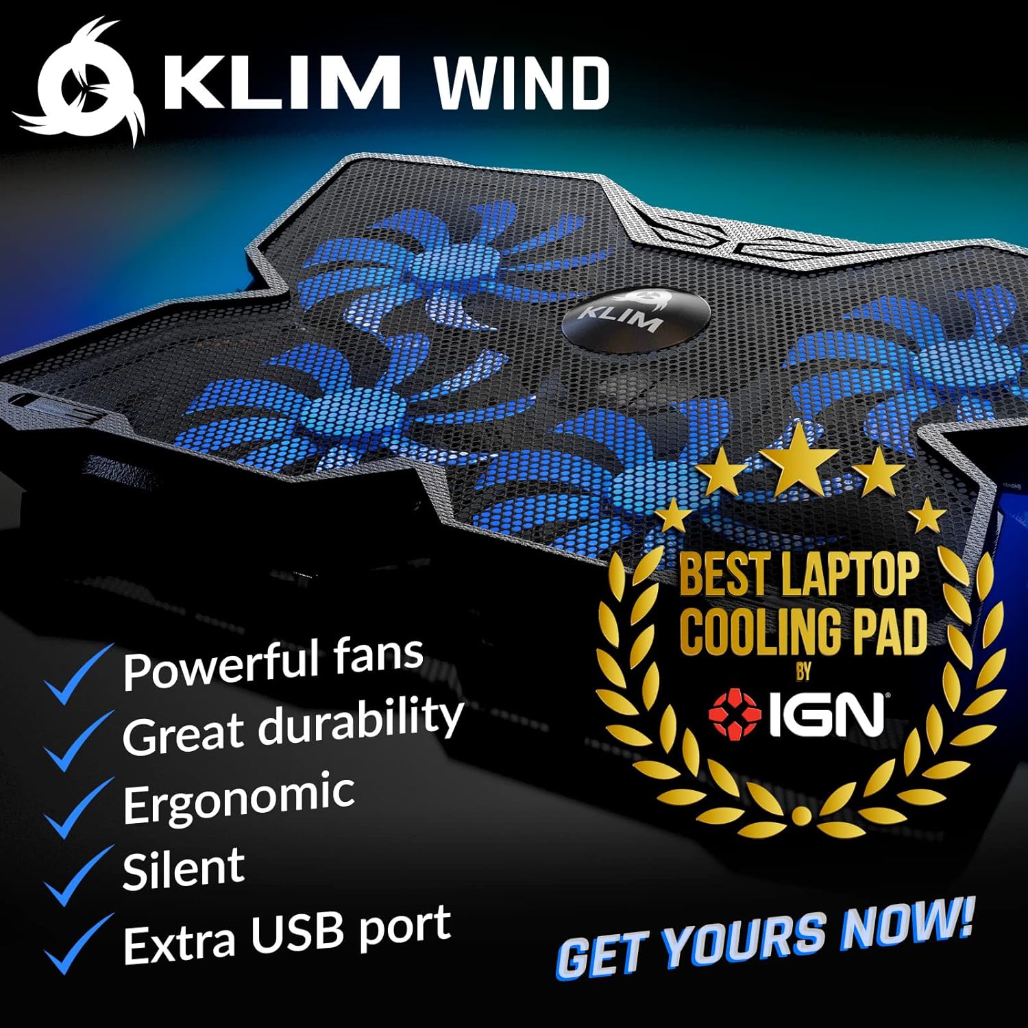 KLIM Wind Laptop Cooling Pad - More than 500 000 units sold - New Version 2024 - The Most Powerful Rapid Action Cooling Fan - Laptop Stand with 4 Cooling Fans at 1200 RPM - USB Fan - PS5 PS4 - Cyan