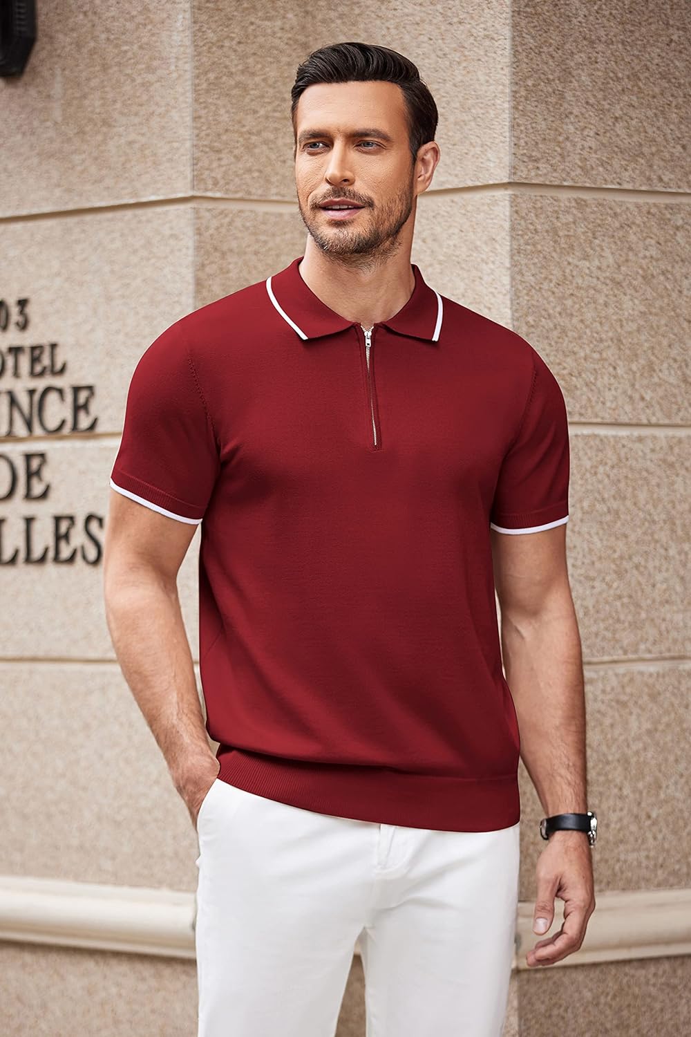 COOFANDY Men's Zipper Polo Shirt Casual Knit Short Sleeve Polo T Shirt Classic Fit Shirts