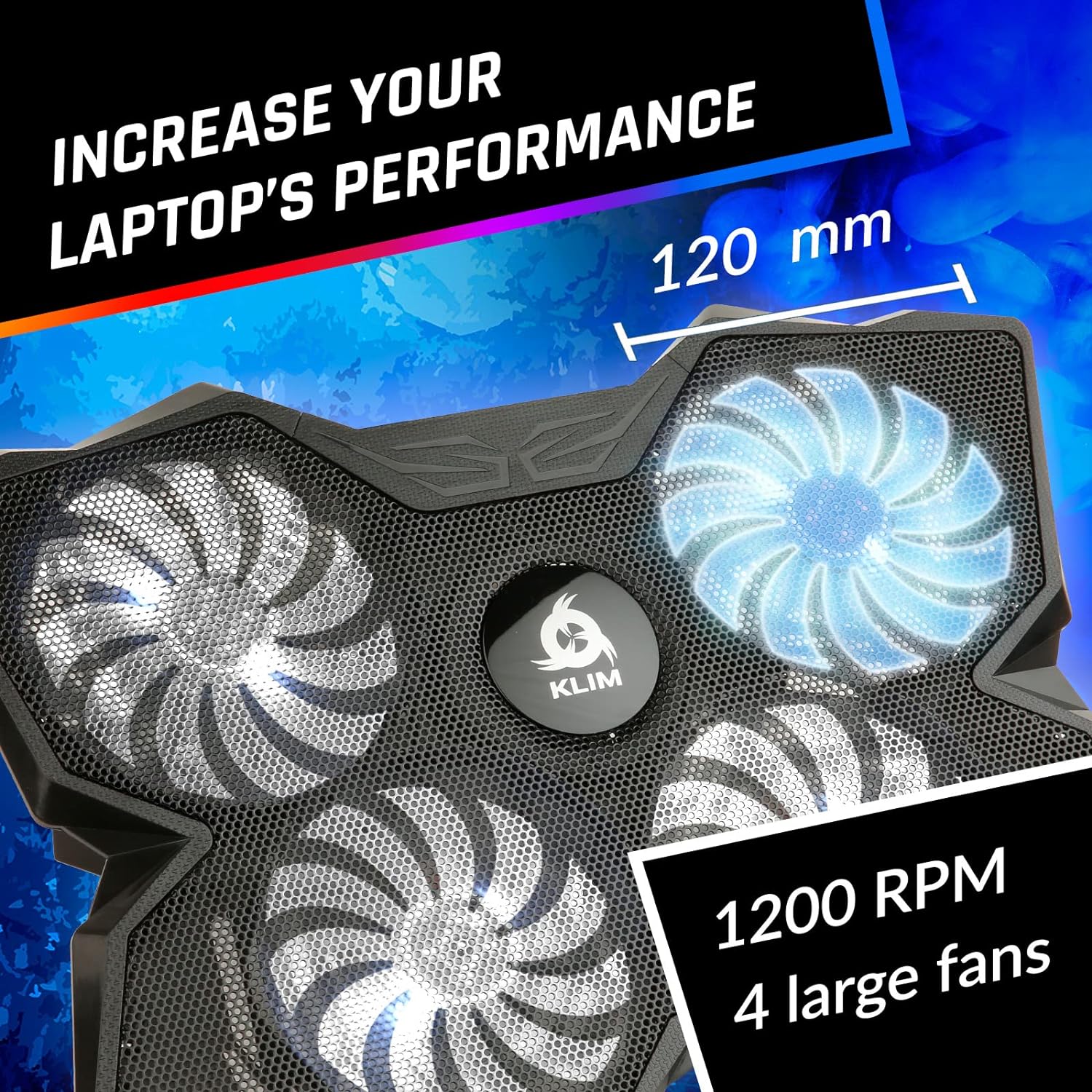 KLIM Wind Laptop Cooling Pad - More than 500 000 units sold - New Version 2024 - The Most Powerful Rapid Action Cooling Fan - Laptop Stand with 4 Cooling Fans at 1200 RPM - USB Fan - PS5 PS4 - Cyan