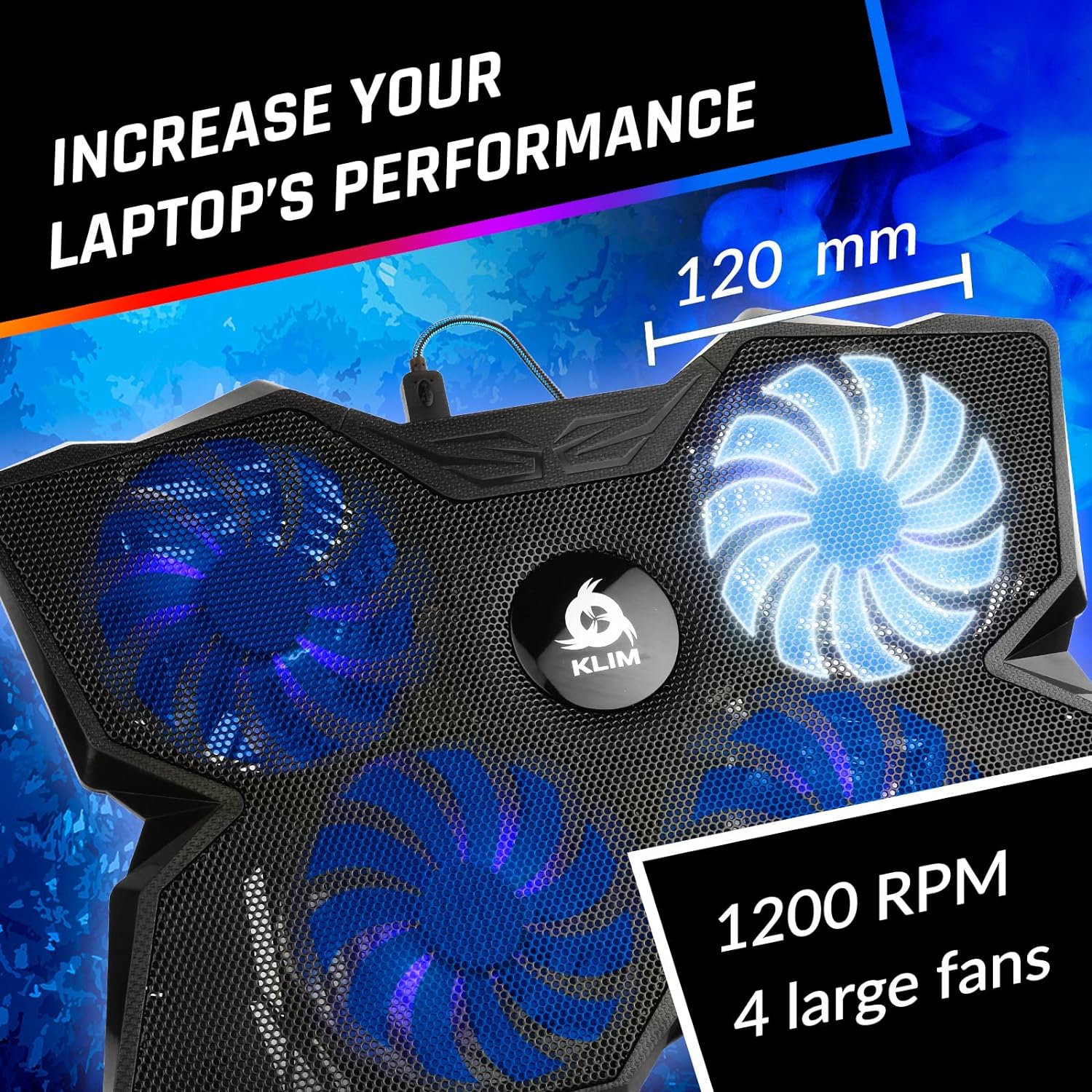 KLIM Wind Laptop Cooling Pad - More than 500 000 units sold - New Version 2024 - The Most Powerful Rapid Action Cooling Fan - Laptop Stand with 4 Cooling Fans at 1200 RPM - USB Fan - PS5 PS4 - Cyan