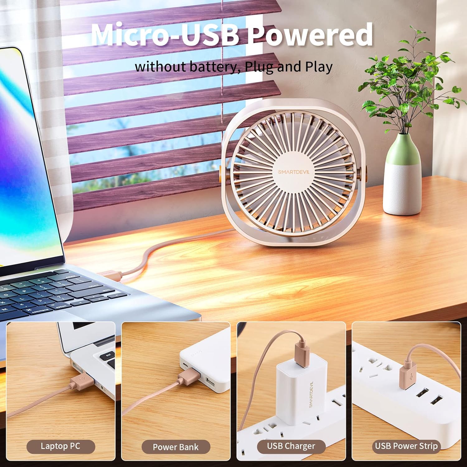 SmartDevil Small Personal USB Desk Fan,3 Speeds Portable Desktop Table Cooling Fan Powered by USB,Strong Wind,Quiet Operation,for Home Office Car Outdoor Travel（white）