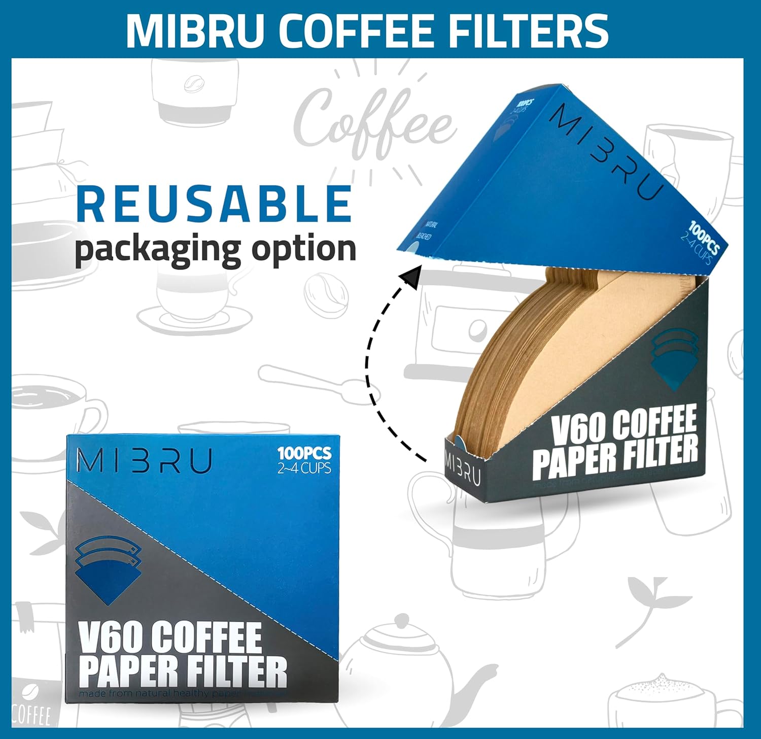 MIBRU Coffee Filters V60 Cone Paper White 100pcs Coffee Filters Unbleached Paper Filters Compatible with Pour Over Drippers 2-4 Cups Size 02 Coffee Filters v60 (1-4 Cups 02, 100)