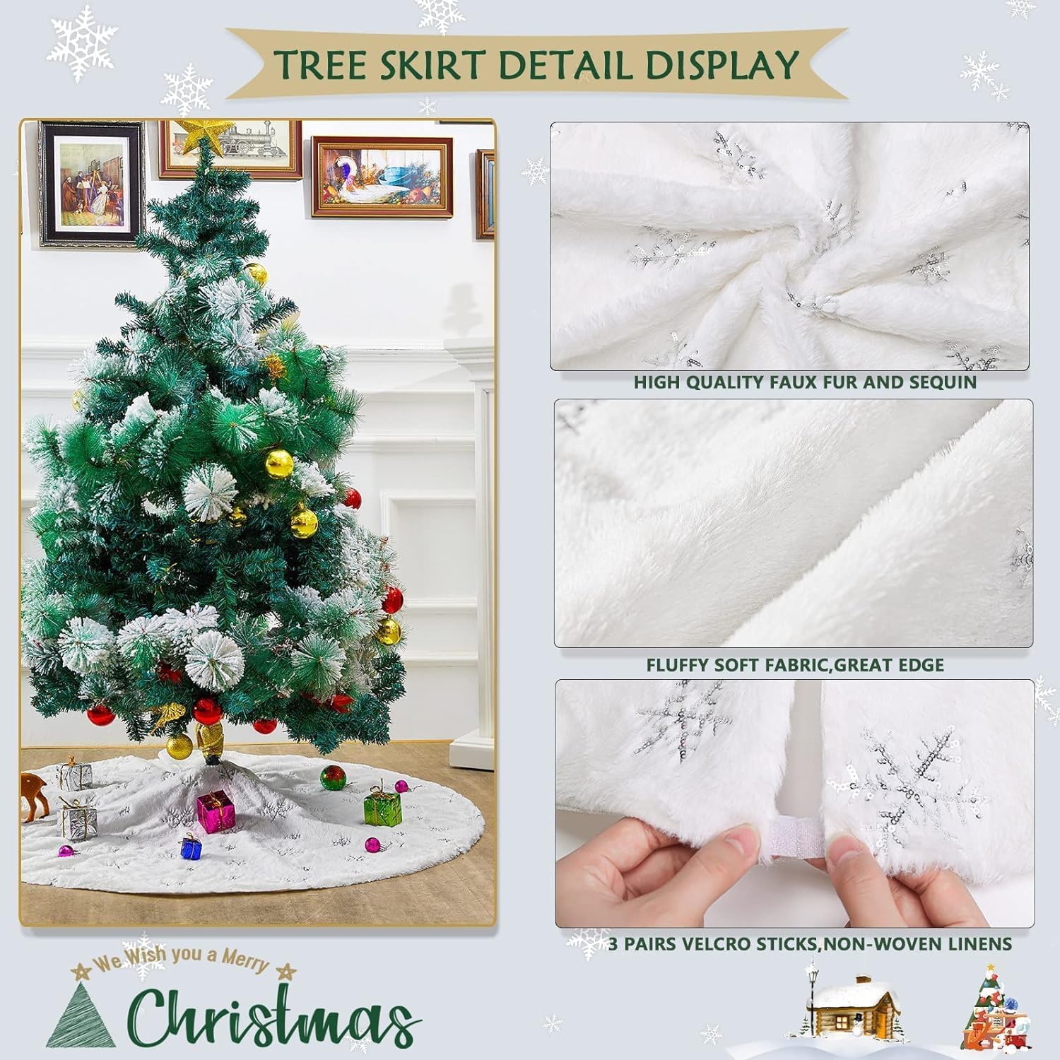 Pretocter Large Christmas Tree Skirt for Christmas Decorations Luxury Soft Plush Faux Fur Christmas Tree Mat Snowflakes Tree Skirt Xmas Tree Ornaments for Xmas Party Holiday Decorations 120CM-Gold