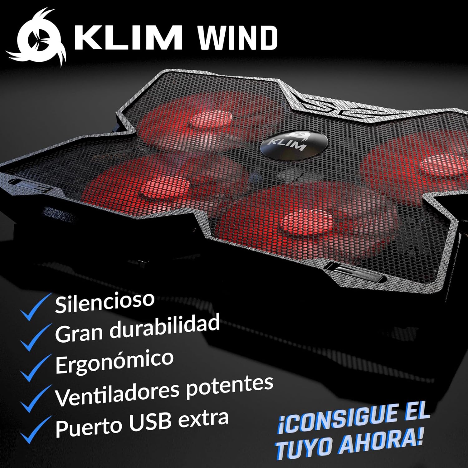 KLIM Wind Laptop Cooling Pad - More than 500 000 units sold - New Version 2024 - The Most Powerful Rapid Action Cooling Fan - Laptop Stand with 4 Cooling Fans at 1200 RPM - USB Fan - PS5 PS4 - Cyan