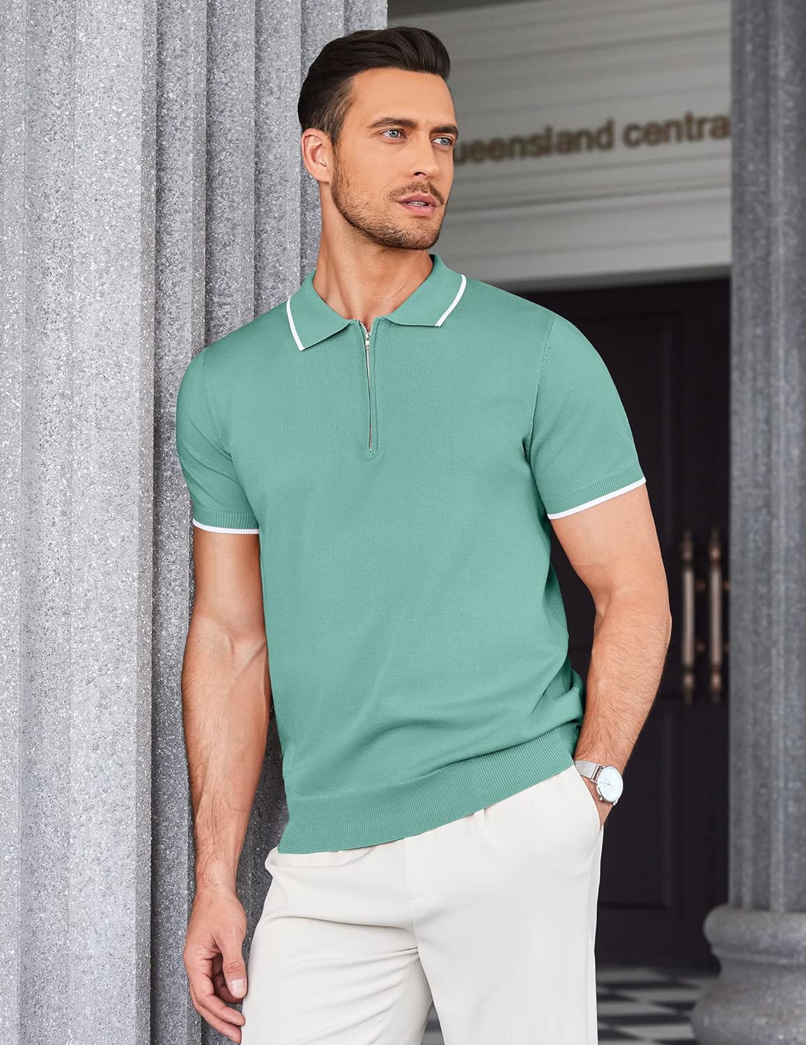 COOFANDY Men's Zipper Polo Shirt Casual Knit Short Sleeve Polo T Shirt Classic Fit Shirts