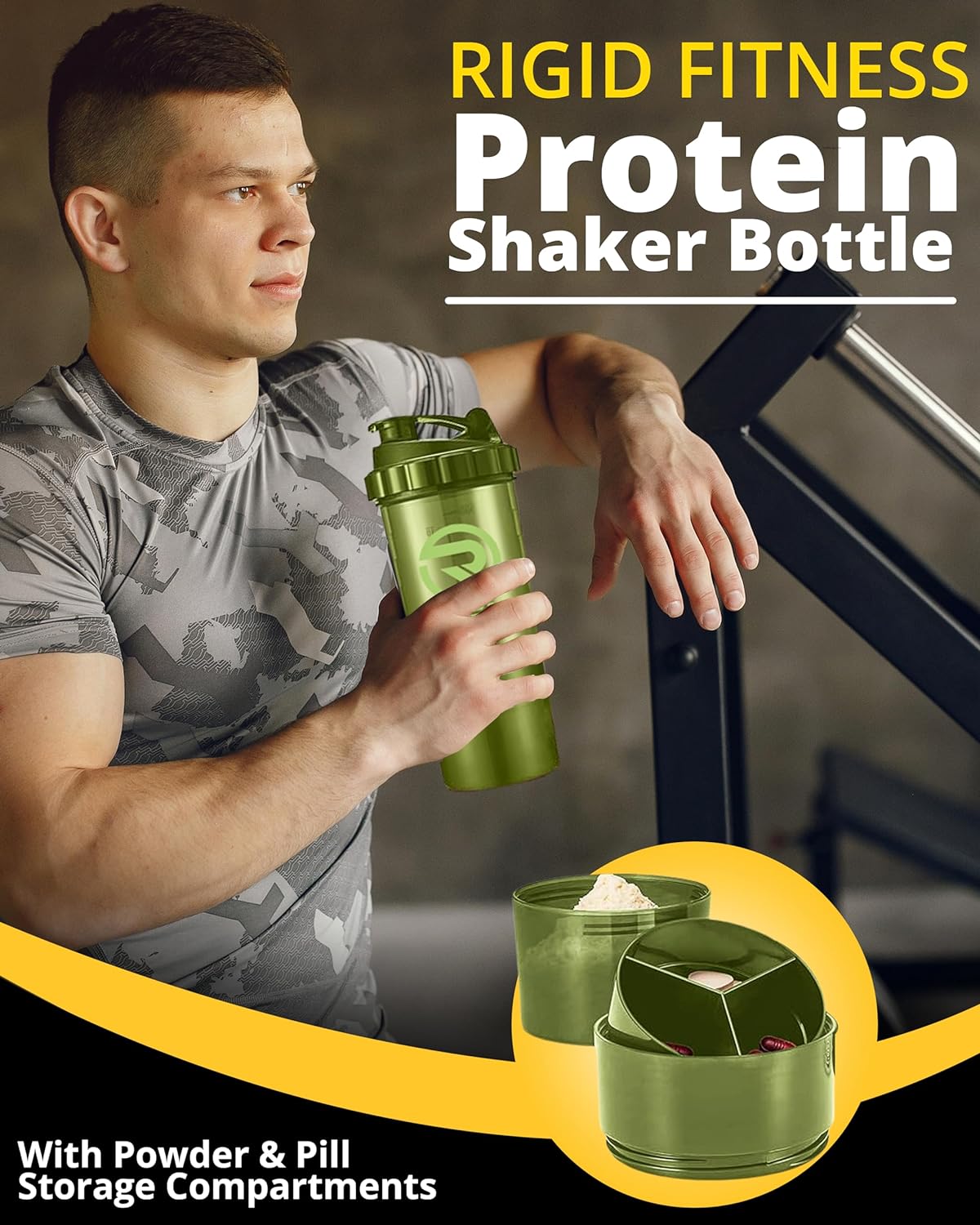 Protein Shaker Bottle (500ml) - Leak-Proof Blender Bottle with Powder and Pill Storage Compartment - BPA Free Shaker